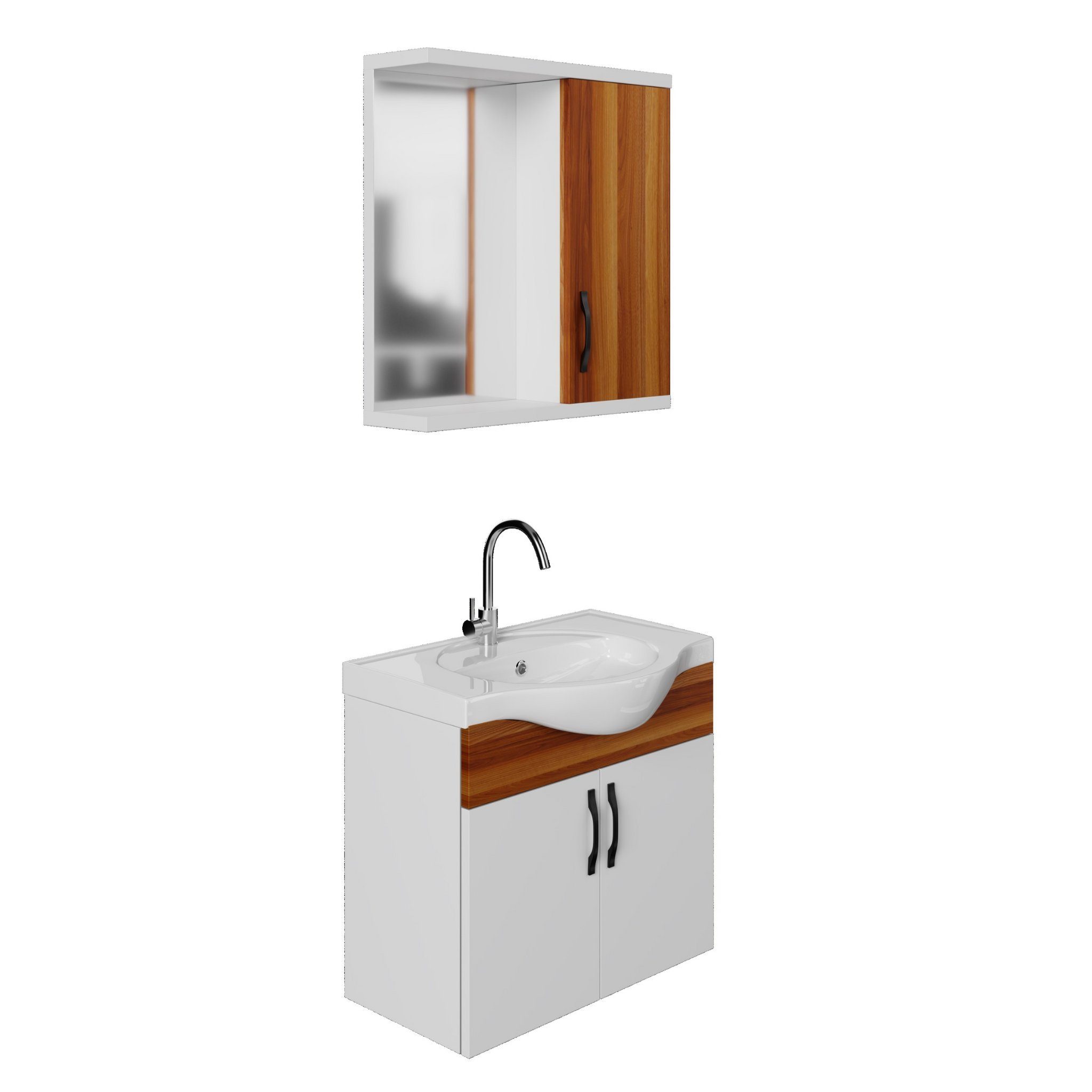 Karen Badezimmer-Set Mercan, (Komplett-Set, Standartmäßig 3-Teilig (Unterschrank, Spiegelschrank, Waschbecken), Der Lieferumfang umfasst Unterschrank, Spiegelschrank und Waschbecken), Klassisches Design, Weidenholz Furnier, Bügelgriffe, ohne Softclos