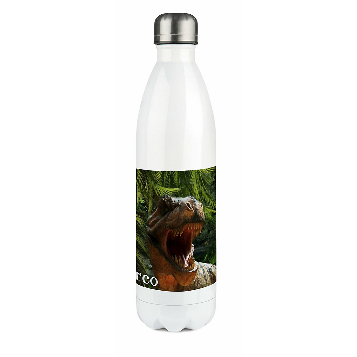 Edelstahl Kinder Thermoflasche / Trinkflasche bunt T-Rex Spülmaschinenfest, Auslaufsicher, Bruchfest, Doppelwandig, Für Heißgetränke geeignet, Mit Deckel, Isoliert