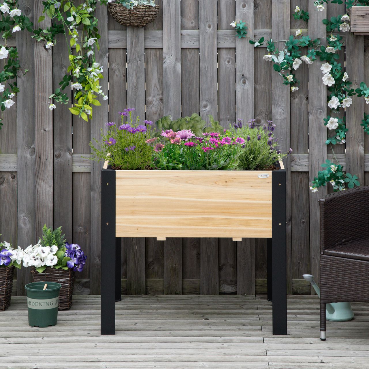 Outsunny Hochbeet Pflanzkasten Blumenkasten Blumentopf Kräuterbeet mit Vliesstoff Massivholz Stahl Natur Schwarz 80 x 60 x 74 cm
