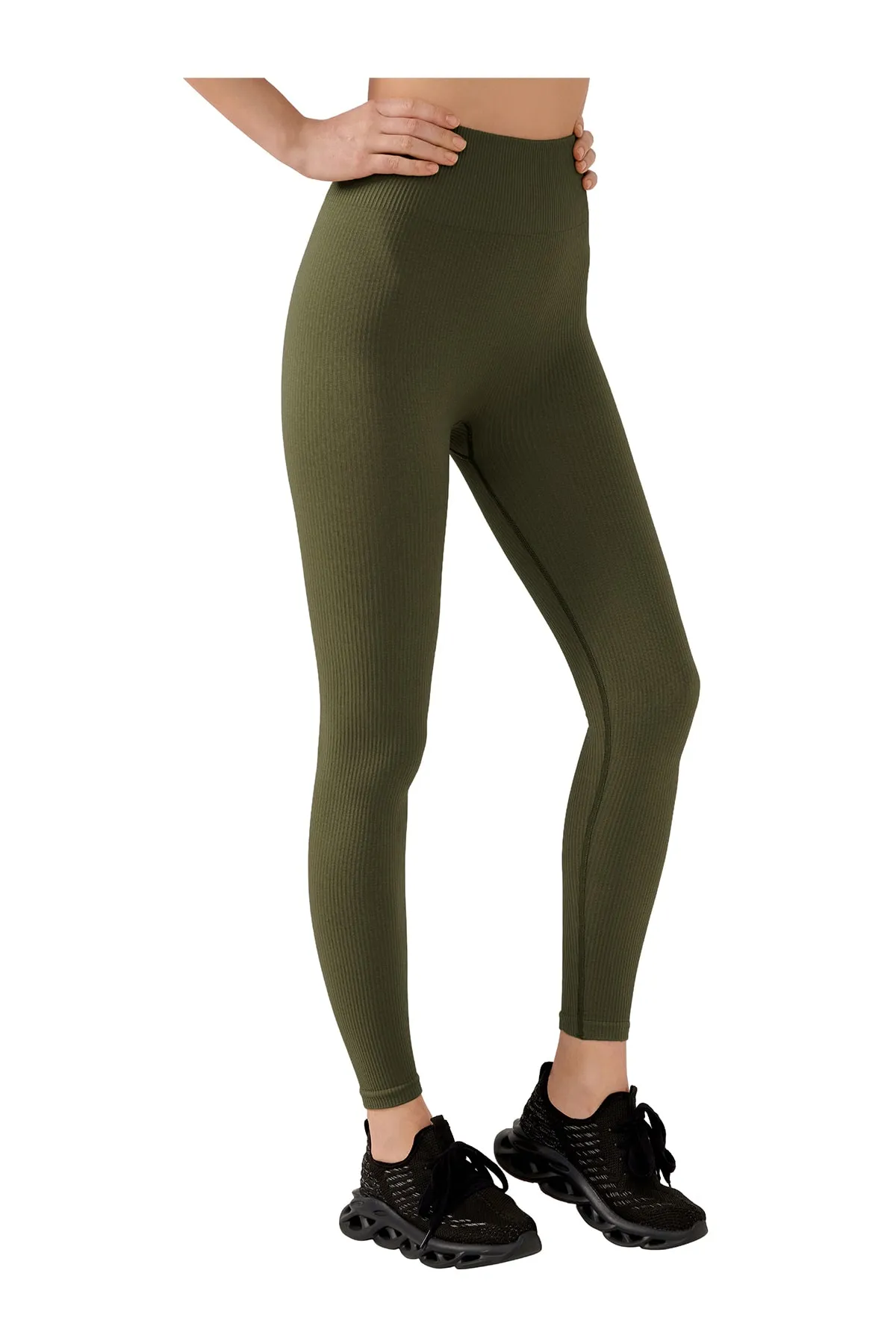 LOS OJOS  Olivgrüne, nahtlos gerippte Fitness-Leggings mit hoher Taille für Damen