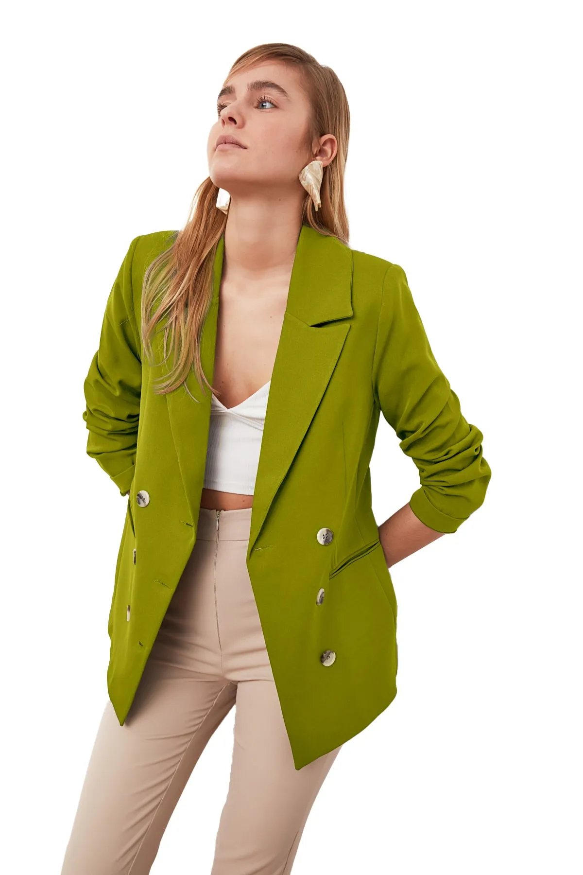 Trendyol Collection  Khakifarbene, gefütterte, zweireihige Blazerjacke aus Webstoff mit Knopfleiste TWOSS21CE0029