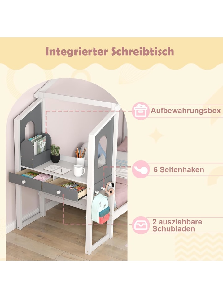 COSTWAY Kinderbett 90x200cm mit Dach & Schreibtisch in Weiß günstig kaufen onesize
