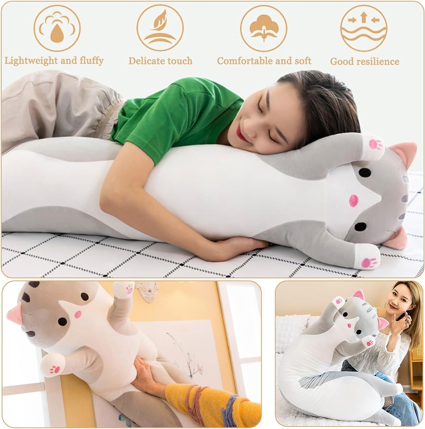 vokarala Seitenschläferkissen Plüsch Kissen Plüschtier Schlafkissen Weiche Lange Kuschelkissen 90cm, Seitenschläfer Rückenschläfer kissen Geschenk für Kinder Freundin