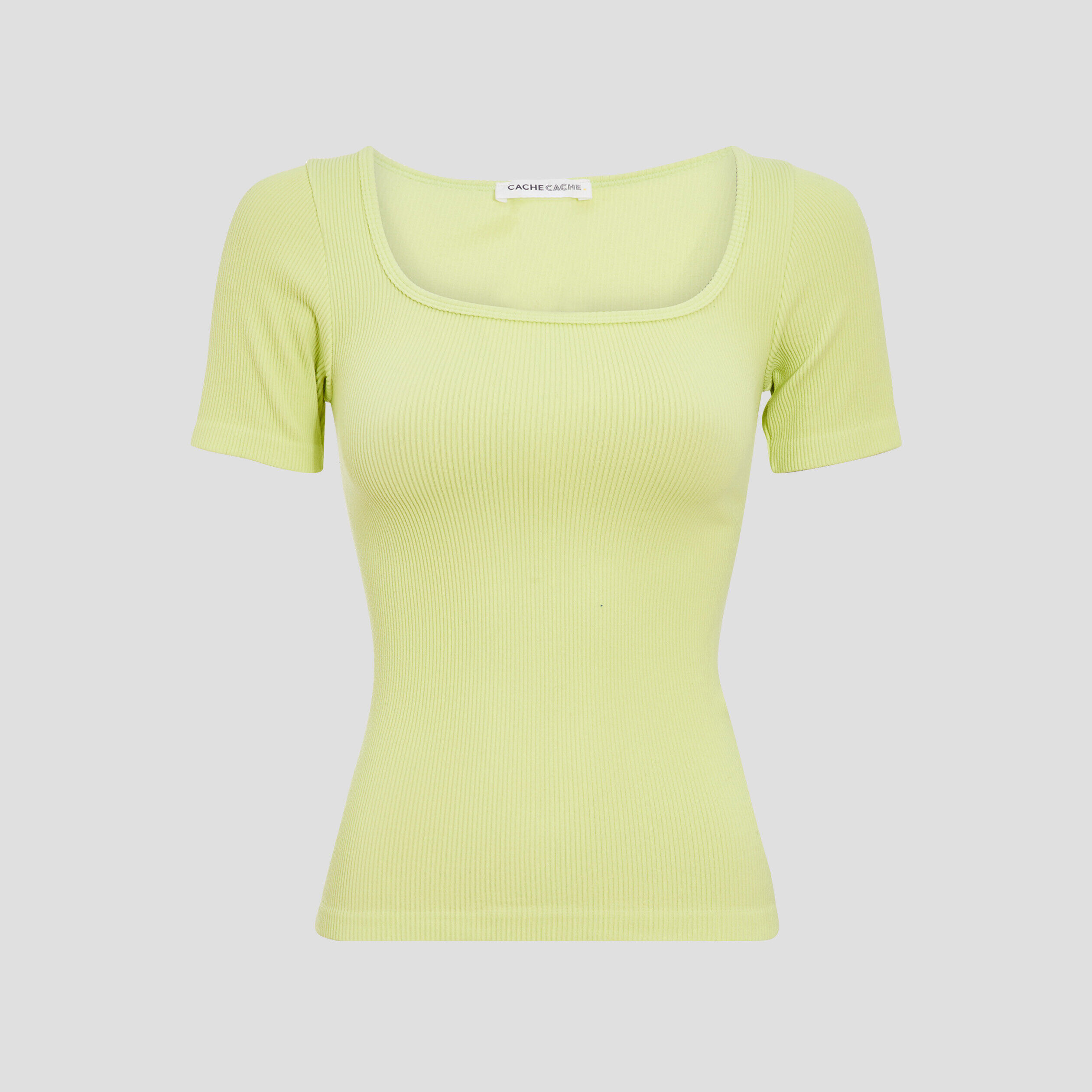 T-shirt manches courtes côtelé vert fluo femme | Cache Cache