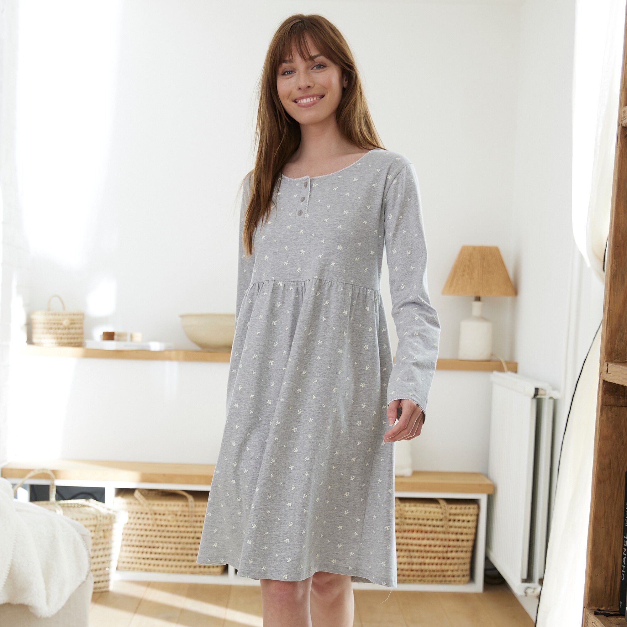 Chemise de nuit manches longues coton imprimé fleuri