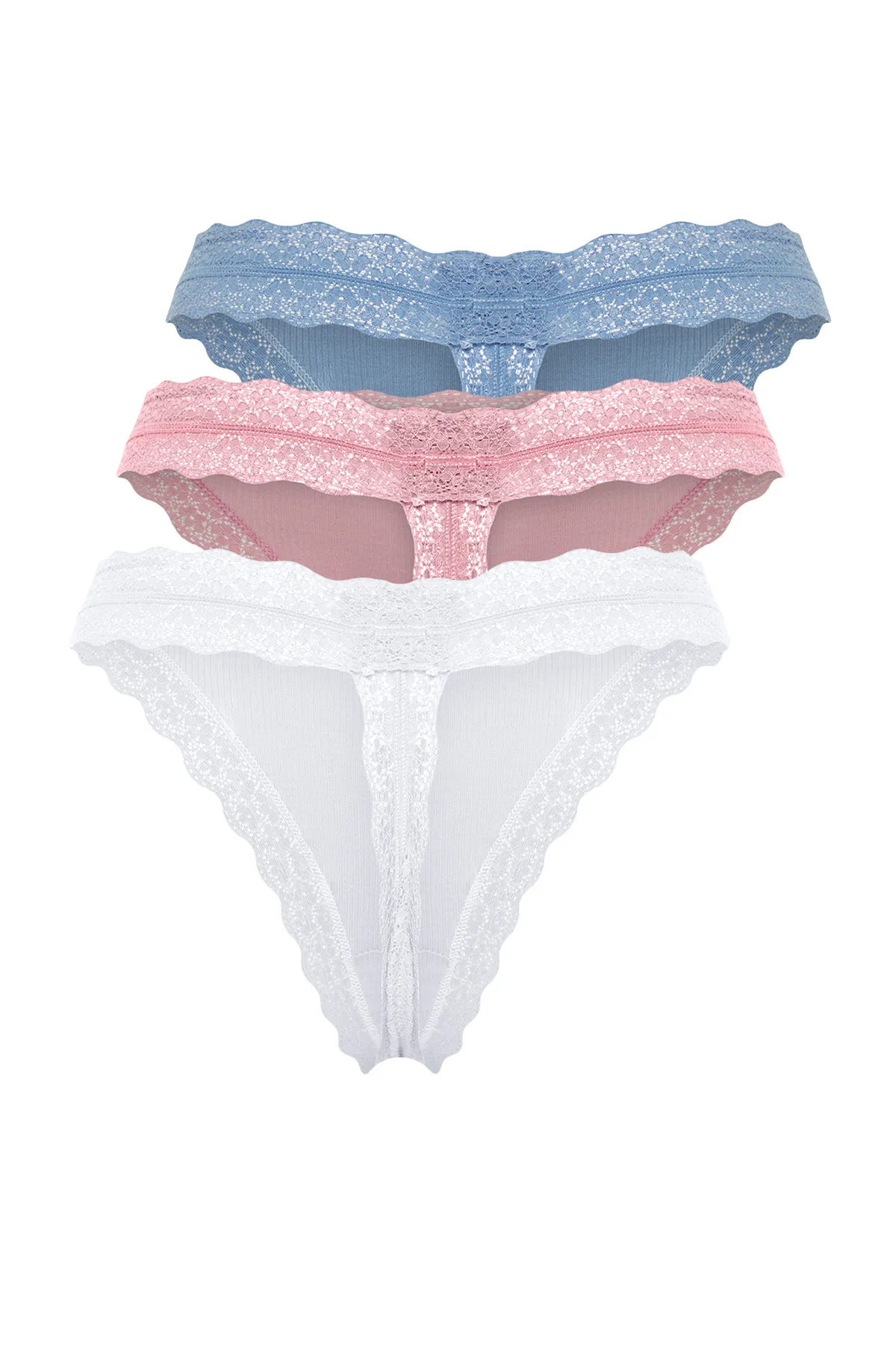 Trendyol Collection  Weiß-Rosa-Blau, 3er-Pack, 100 % Baumwolle, schnurgebundene Spitze, detaillierte String-Strickhöschen THMSS24KU00004