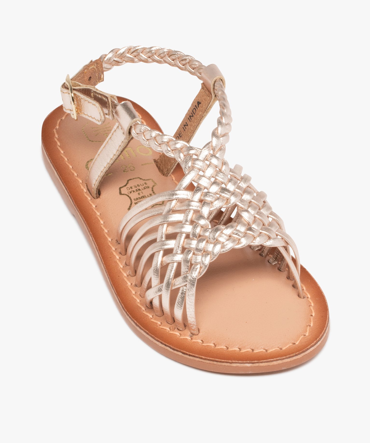 Sandales fille à fines brides en cuir tressées métallisées or | GEMO