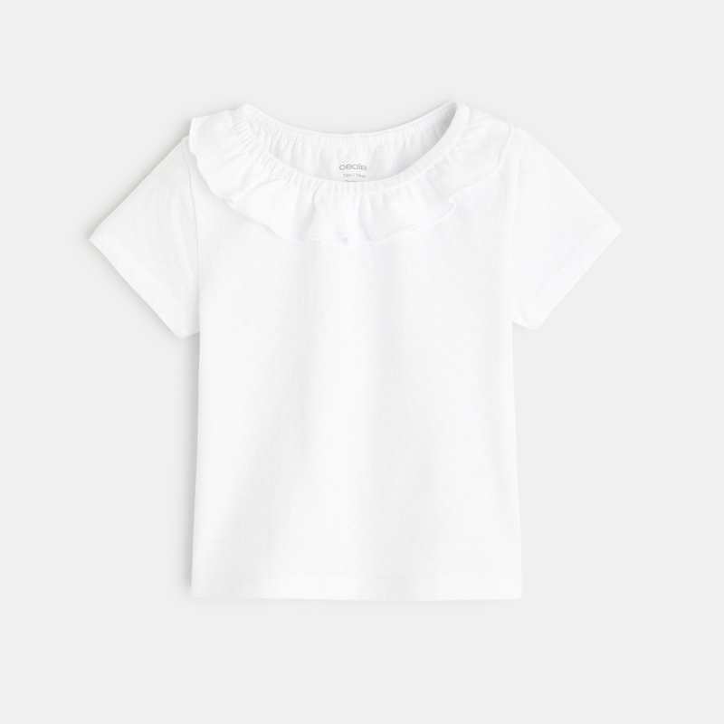 T-shirt col volanté maille fantaisie blanc bébé fille