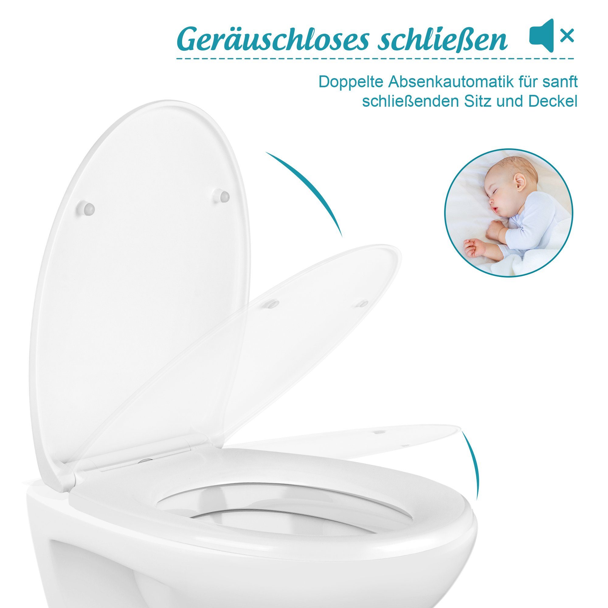 Homewit WC-Sitz Toilettendeckel WC Sitz mit Quick-Release-Funktion und Absenkautomatik (Set, 1-St., O-Form WC Deckel mit verstellbarem Scharnieren), Aus Harnstoff-Formaldehyd-Harzmaterial, Weiß