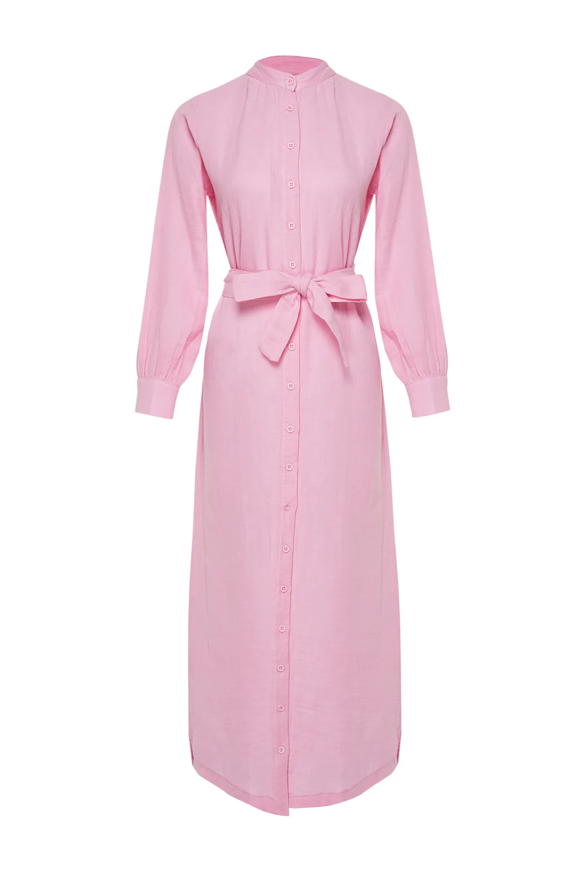 Trendyol Modest  Rosa Hemdkleid aus schlichtem Webstoff mit Vergrößerungskragen und Gürtel TCTSS24EB00127