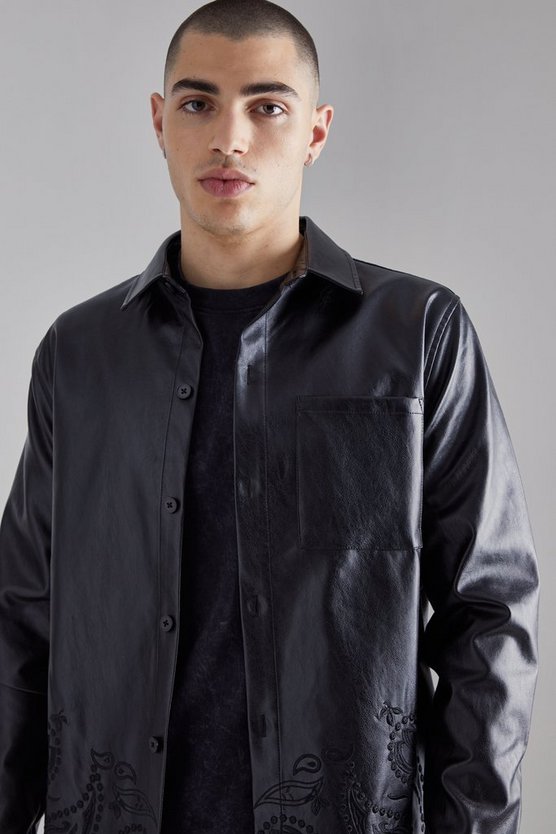 Besticktes PU-Overshirt mit Paisley-Print