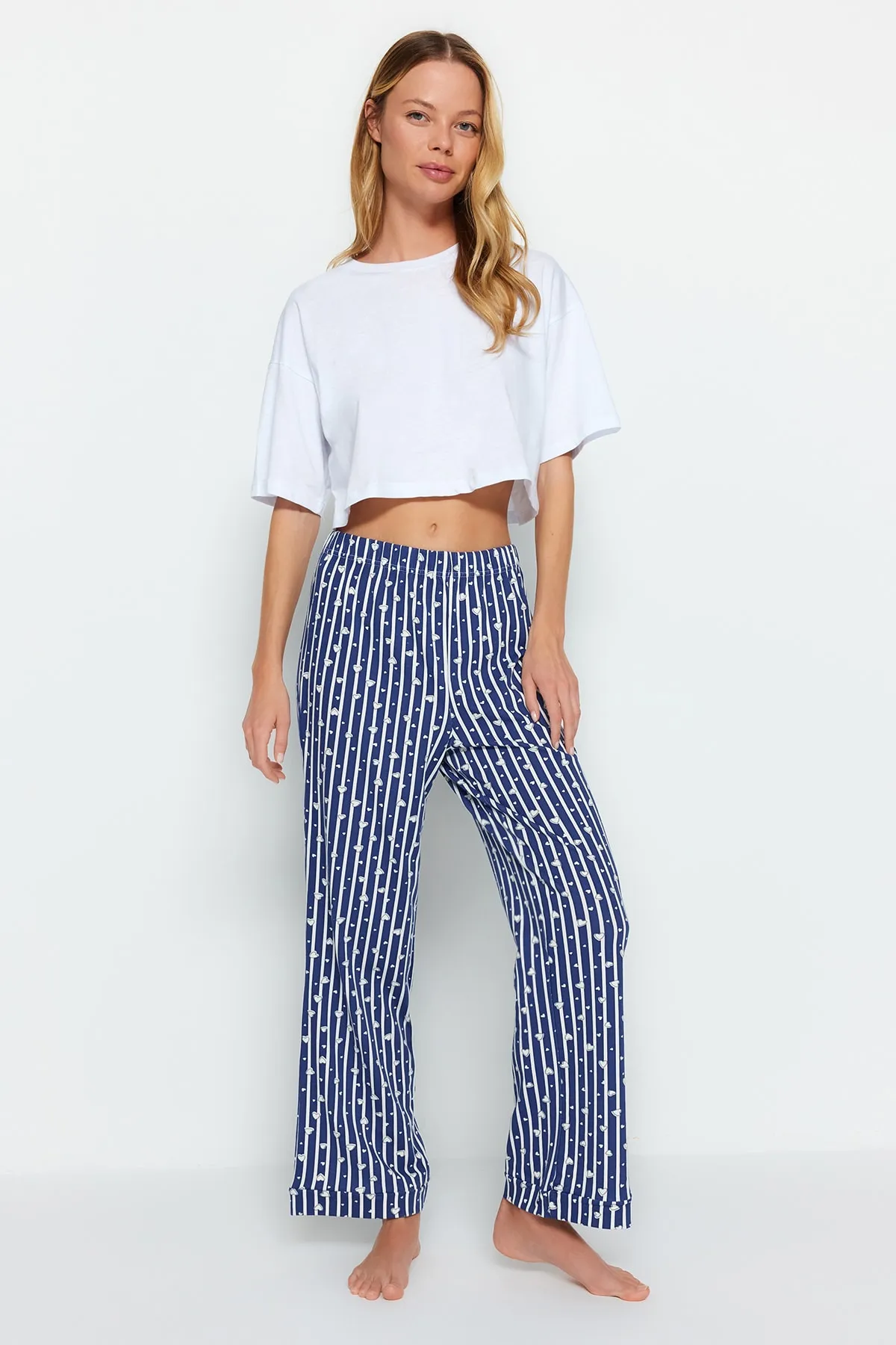 Trendyol Collection  Marineblaue, gestreifte, gestrickte Pyjamahose aus Baumwolle THMSS23PJ00002