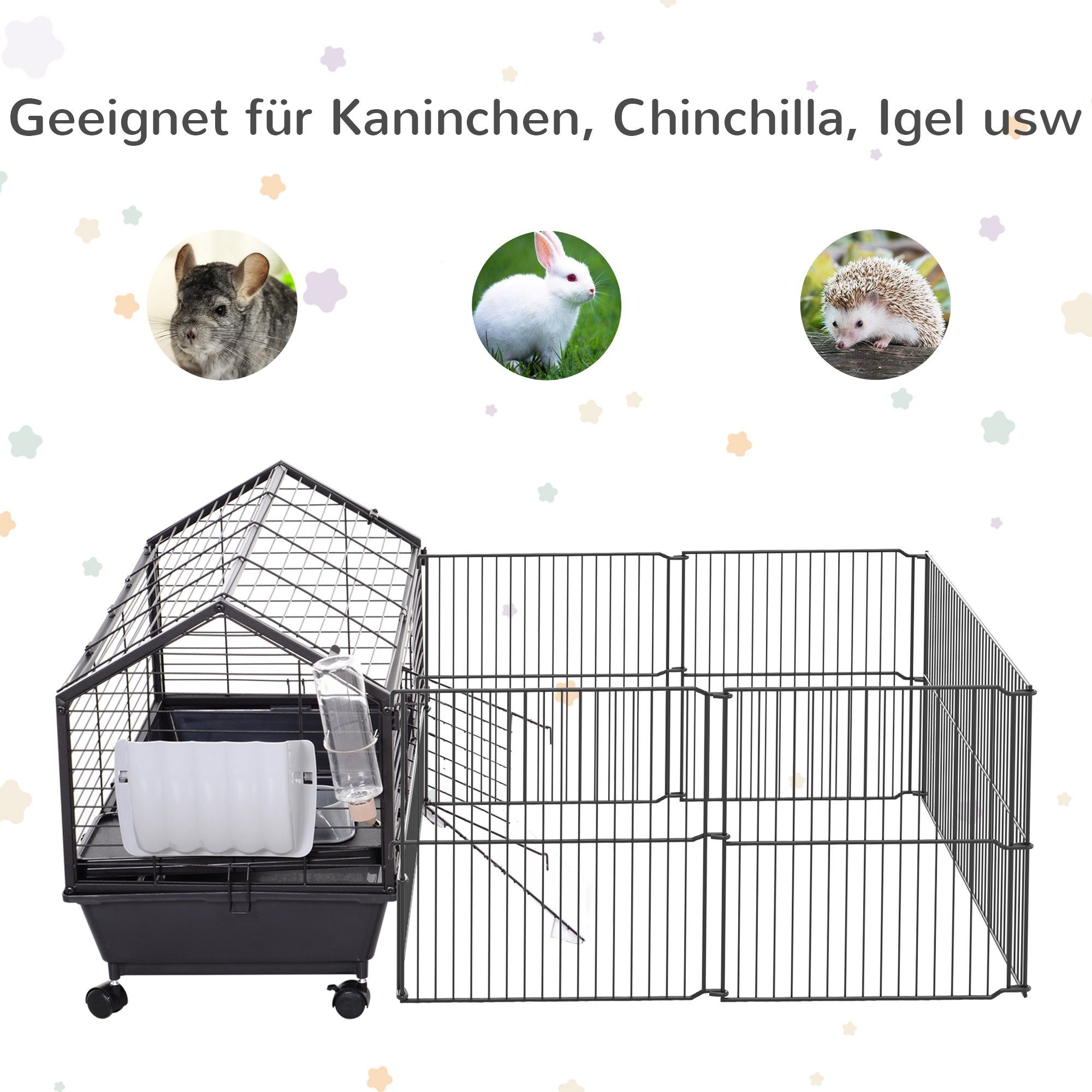PawHut Kleintierkäfig mit Freigehege inkl. Zubehör 4 Rollen Kleintier mit Garten Metall, 88L x 128.5B x 56H cm