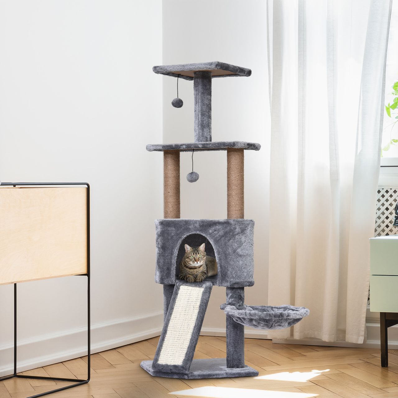 PawHut Katzenbaum mit Hängebett, 4-Stock Kratzbaum, Katzenhaus mit Spielbällen, mit Sisalsäule und Kratzbrett, Plüsch Grau 40 x 40 x 124 cm