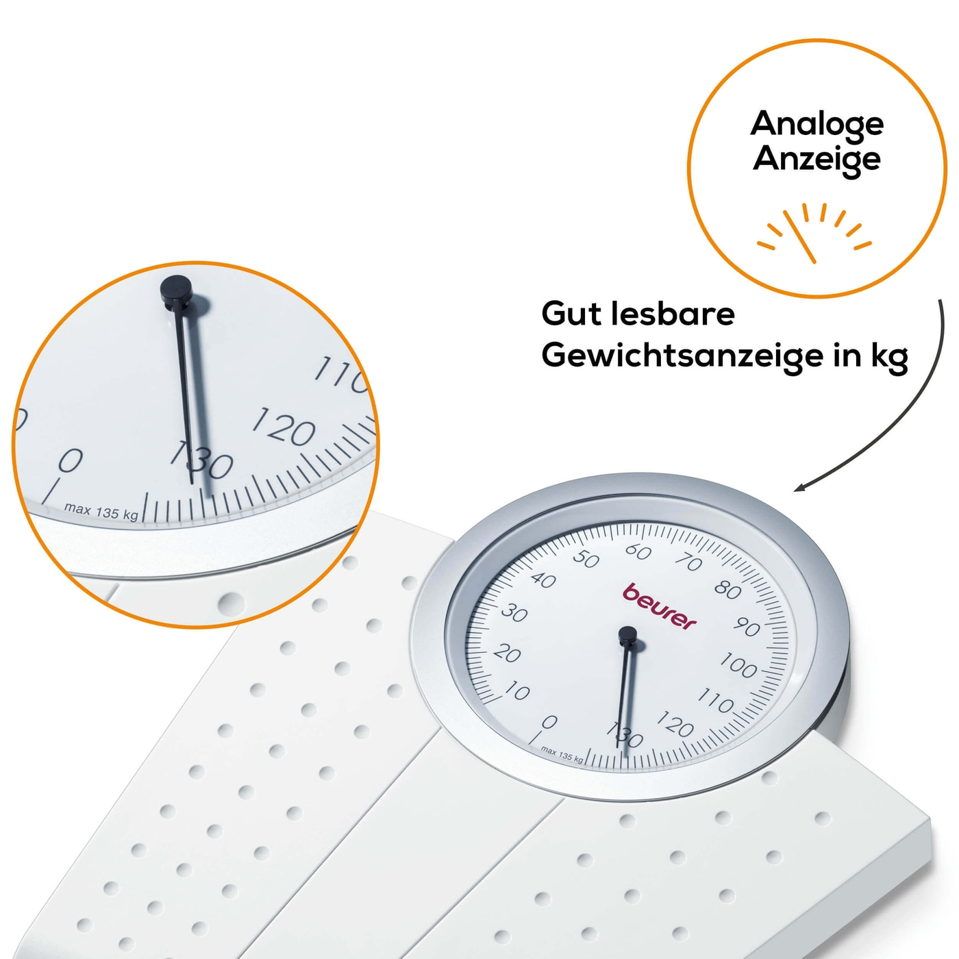 Beurer mechanische Personenwaage - MS 50-Personenwaage mit analoger Gewichtsanzeige in Vollsichtskala & Retro-Design - bis 135 kg