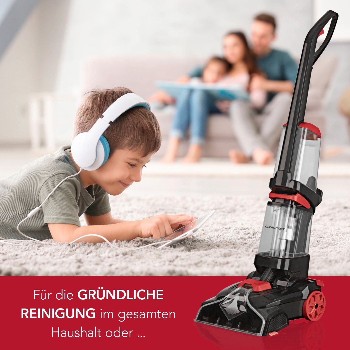 CLEANmaxx Teppichreinigungsgerät Professional mit Vibrations- und Seitenbürsten - schwarz/rot, Waschsauger, Teppichreiniger, Shampoonierer, Teppich