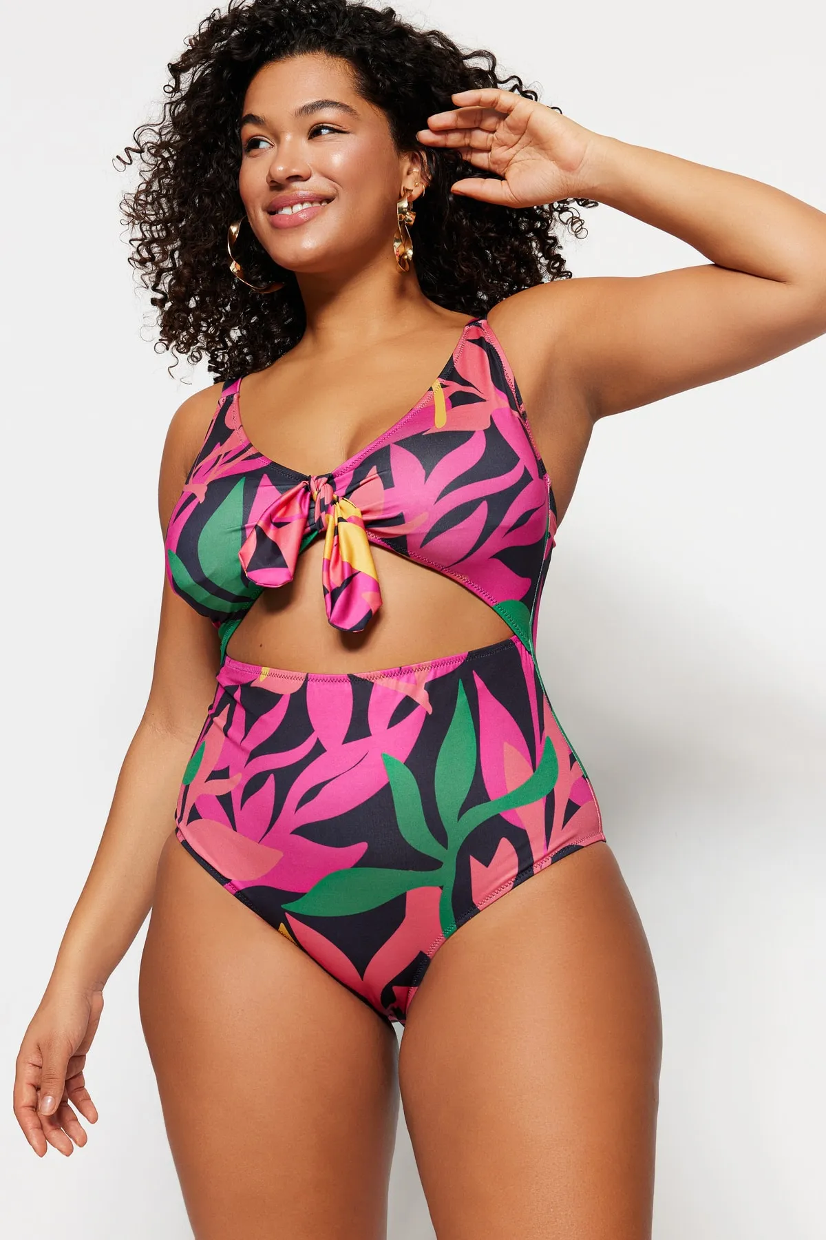 Trendyol Curve  Tropisch gemusterter Badeanzug mit Bindedetail