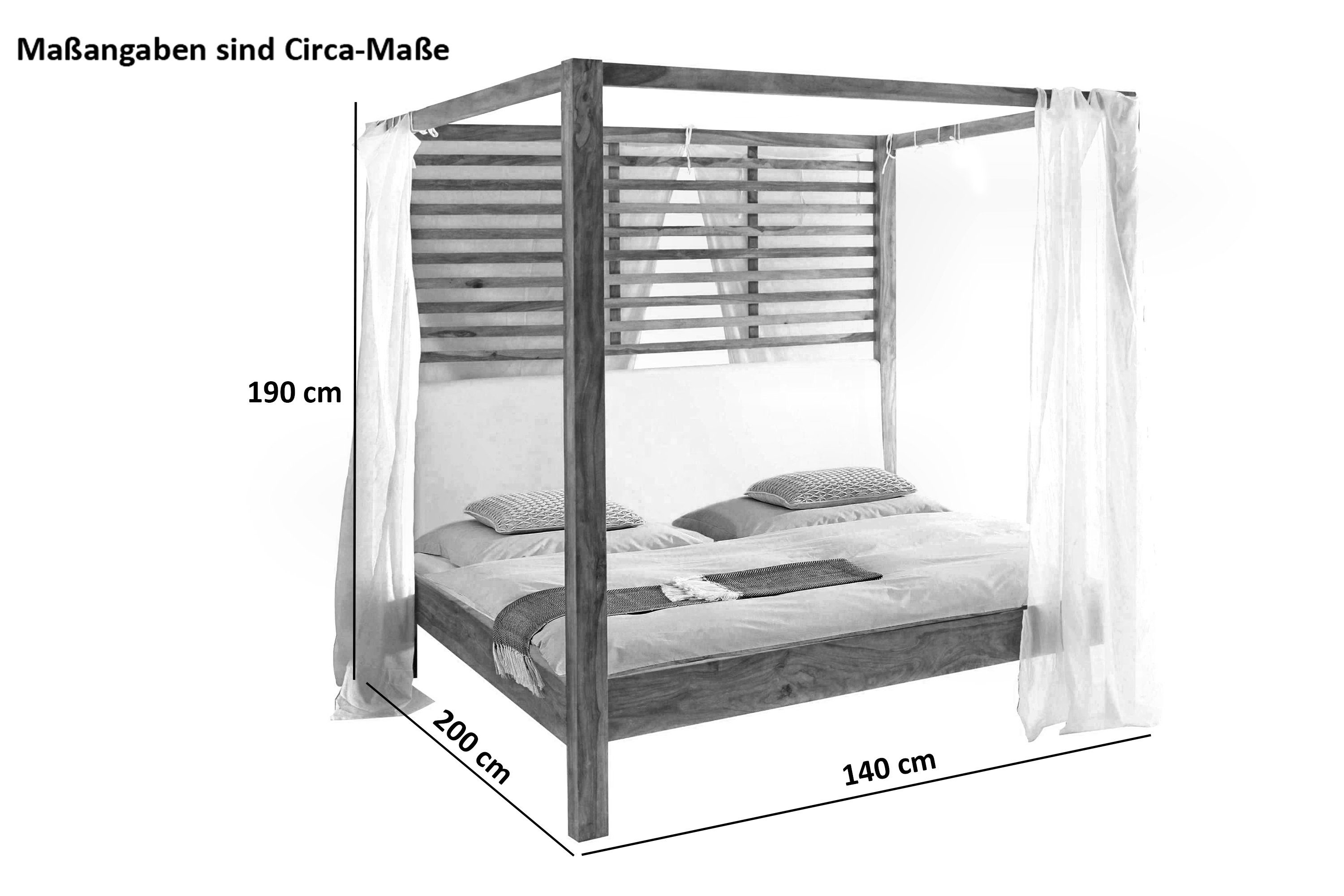 Junado® Himmelbett Syri, massives Akazienholz, mit Stoffvorhang, geschlossenes Kopfteil