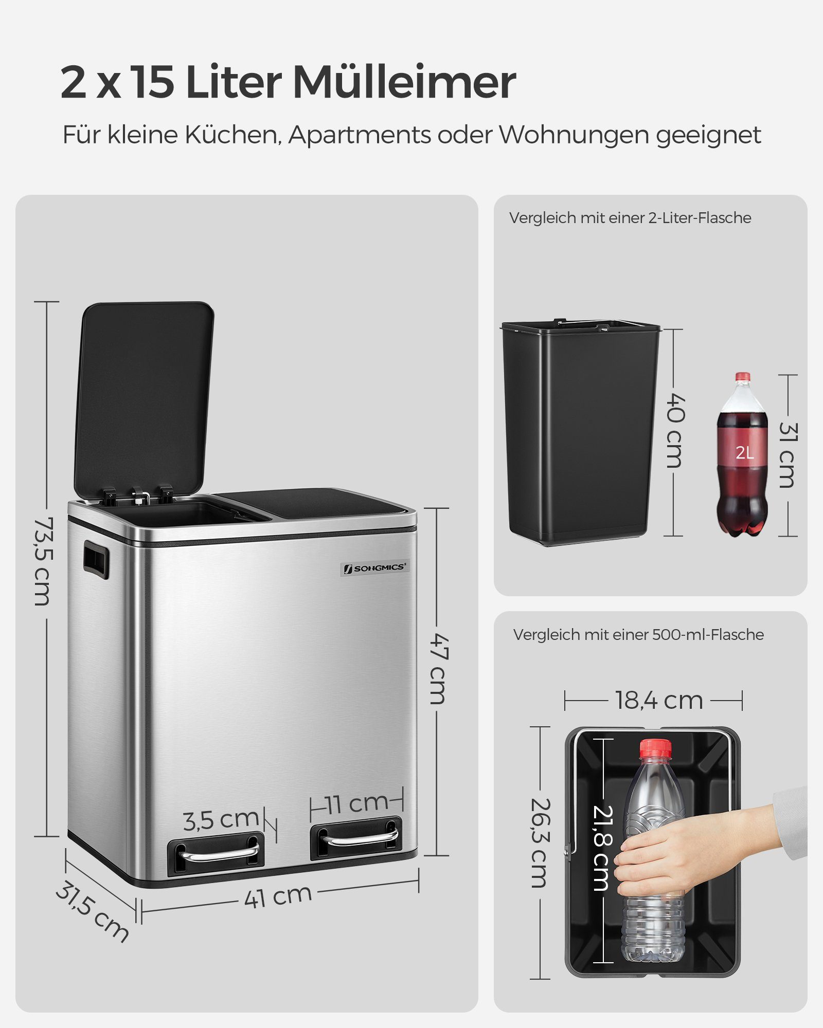 SONGMICS Mülleimer Metall-Fußreling, Abfalleimer, 30L, ergonomisch, Stahl