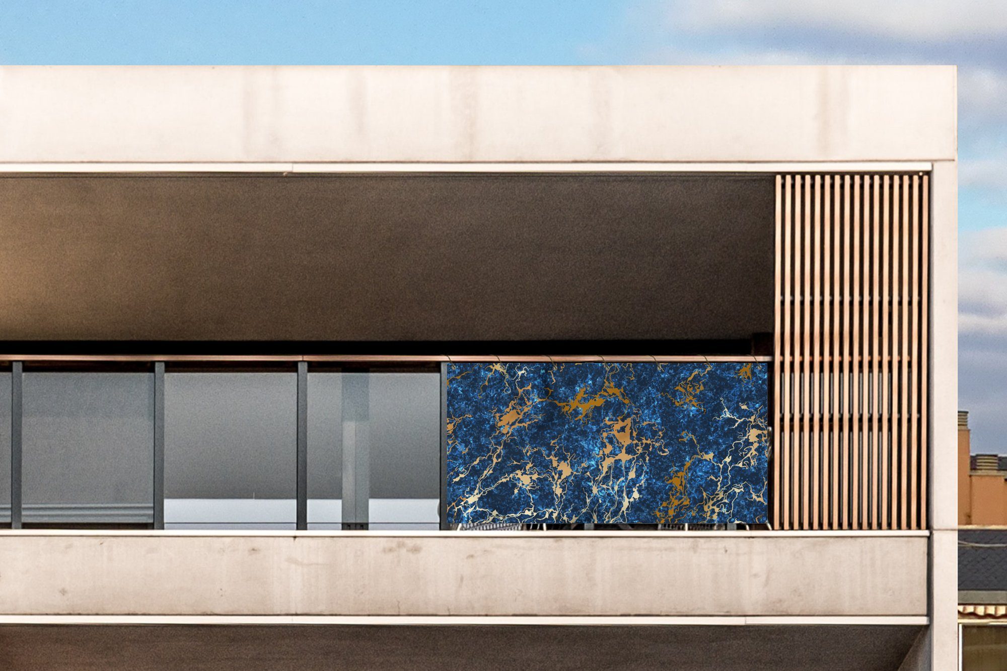 MuchoWow Balkonsichtschutz Marmor - Textur - Gold - Blau (1-St) Balkonbanner, Sichtschutz für den Balkon, Robustes und wetterfest