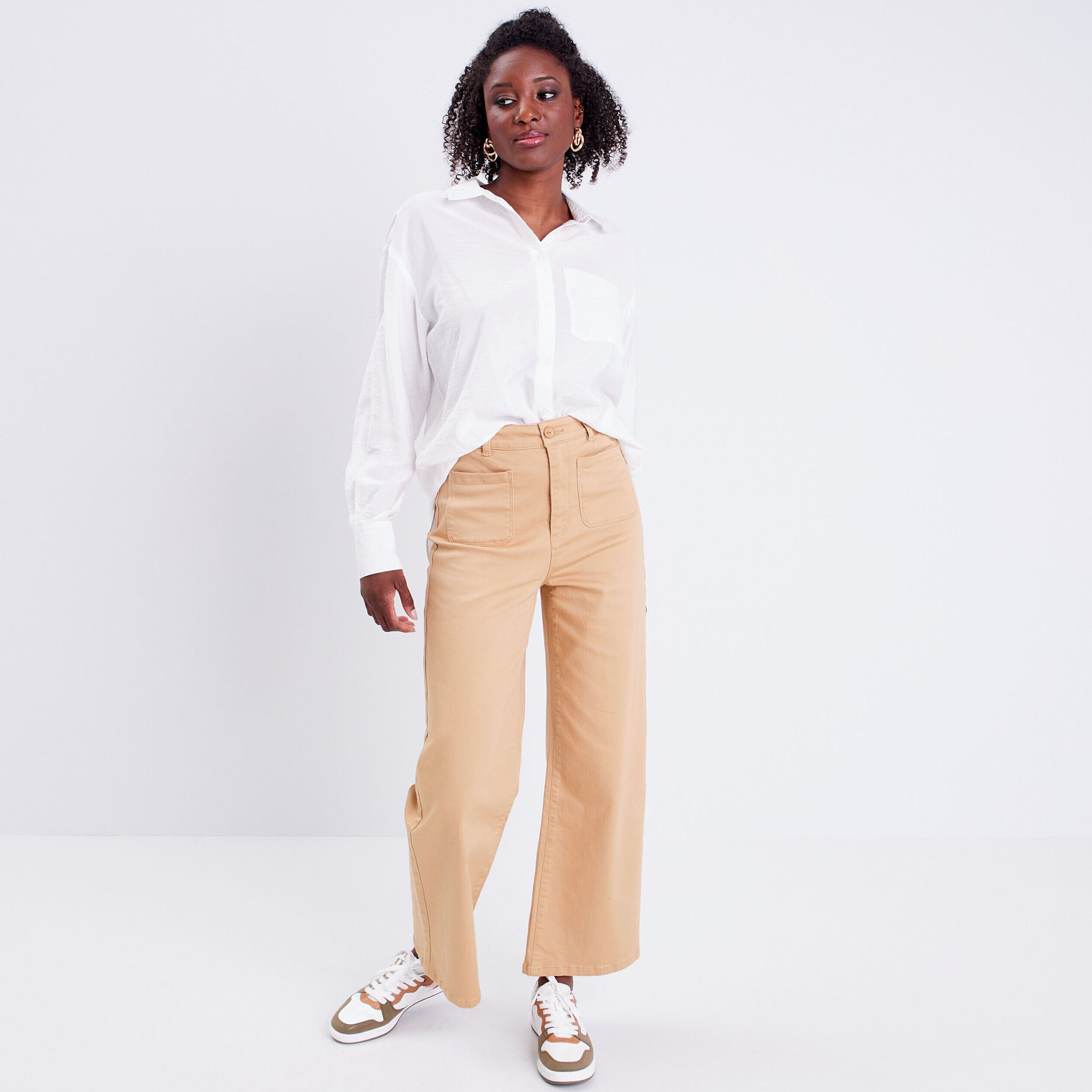 Pantalon large taille haute marron clair femme | Cache Cache