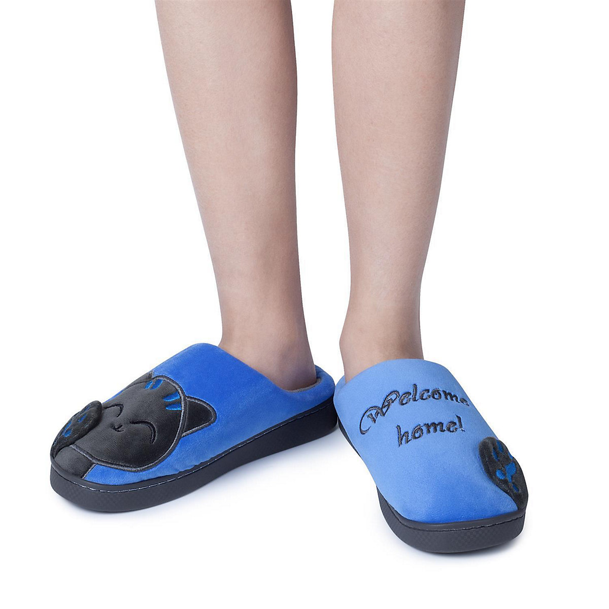 Plüsch Hausschuh Pantoffel Katze blau