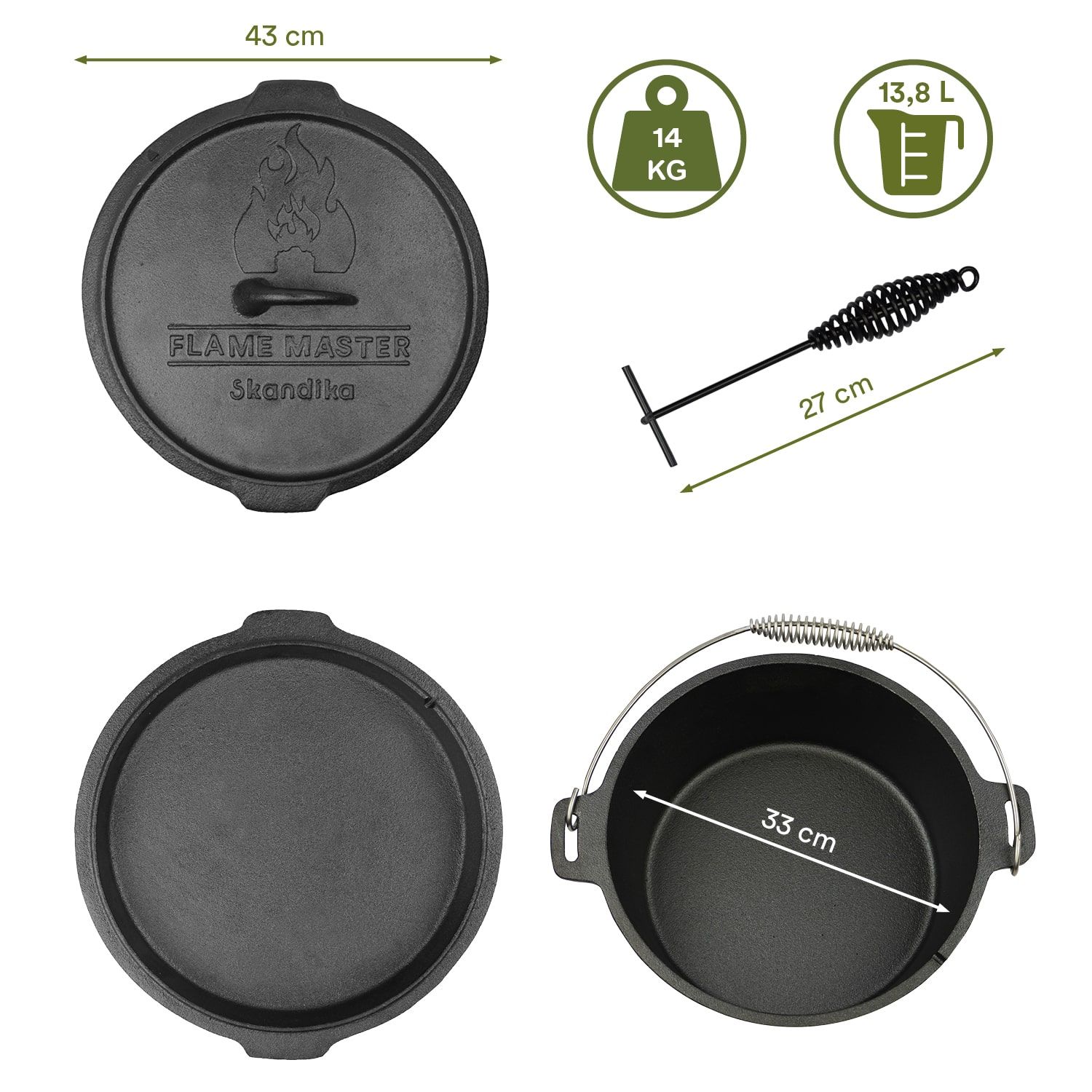 Skandika Dutch Oven Flame Master ohne Füße 13,8 Liter vollständiger Satz