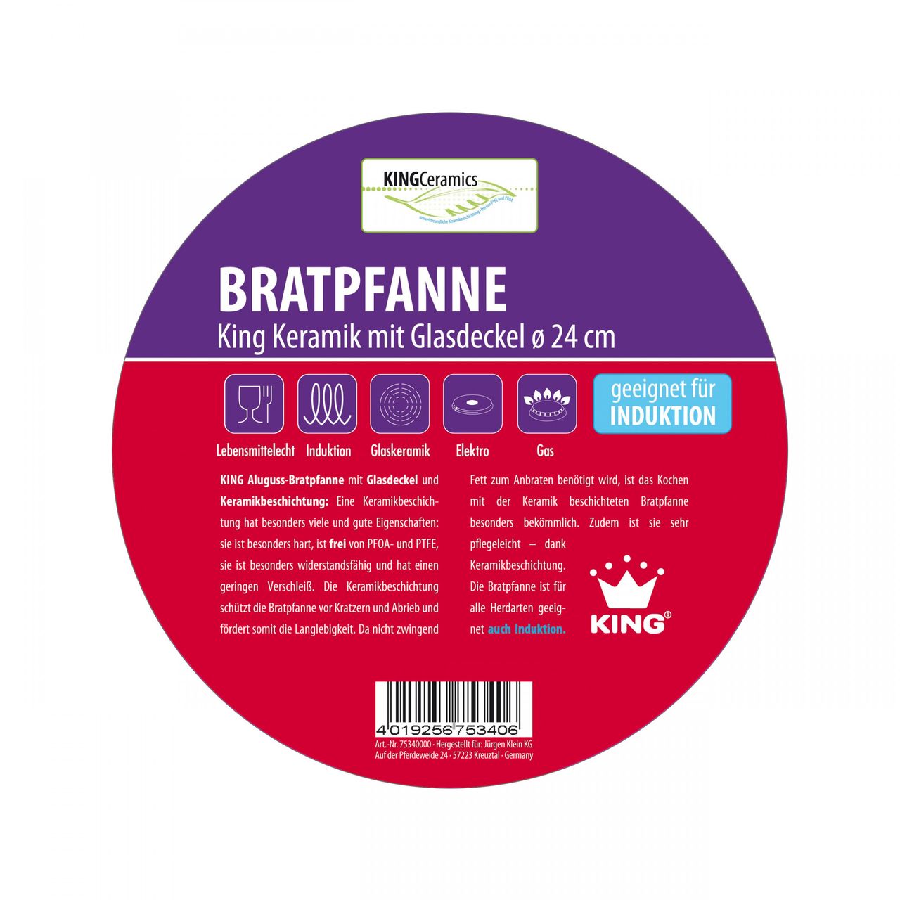 KING BRATPFANNE King Keramik mit Glasdeckel ø 24 cm tief