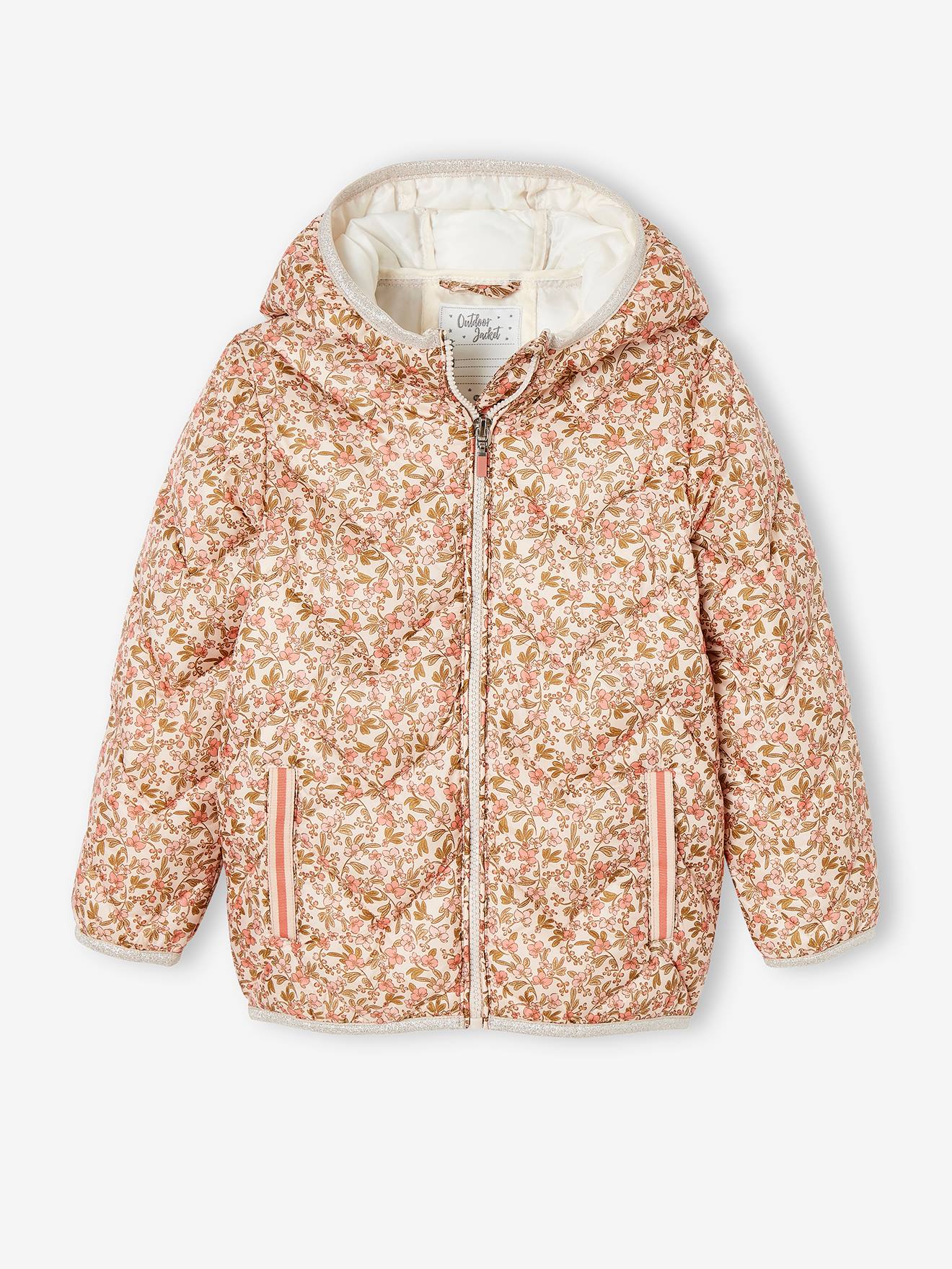 Doudoune légère à capuche fille motifs imprimés moutarde imprimé