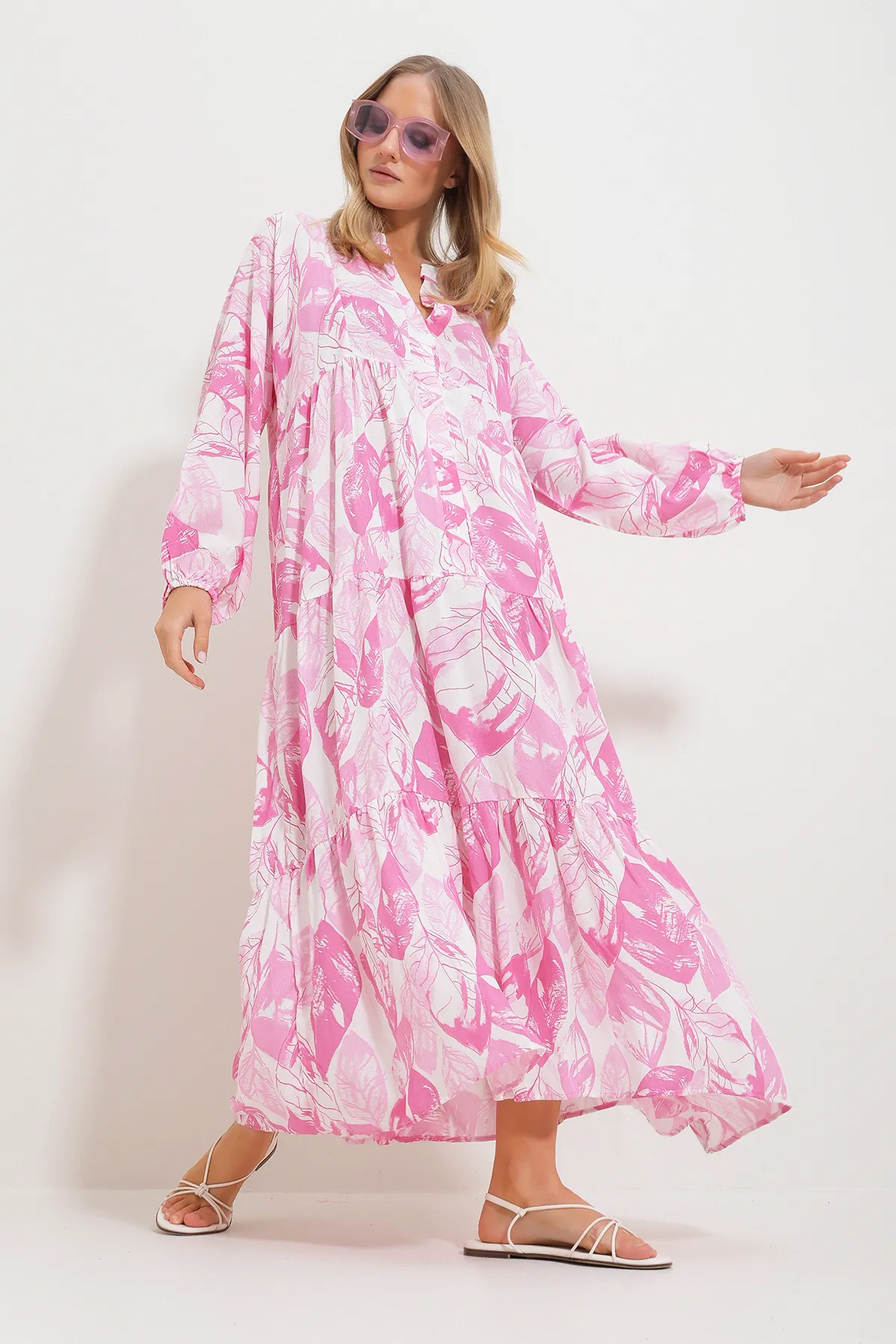 Trend Alaçatı Stili  Rosa Maxikleid mit Schalkragen und Muster für Damen Alc-X11593
