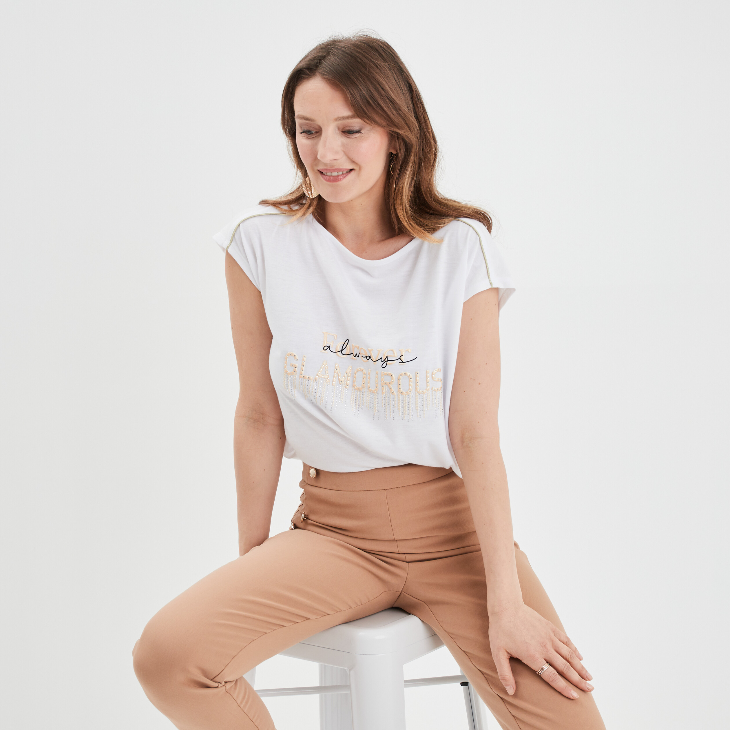 T-shirt col rond à strass Mosquitos ecru femme | La Halle