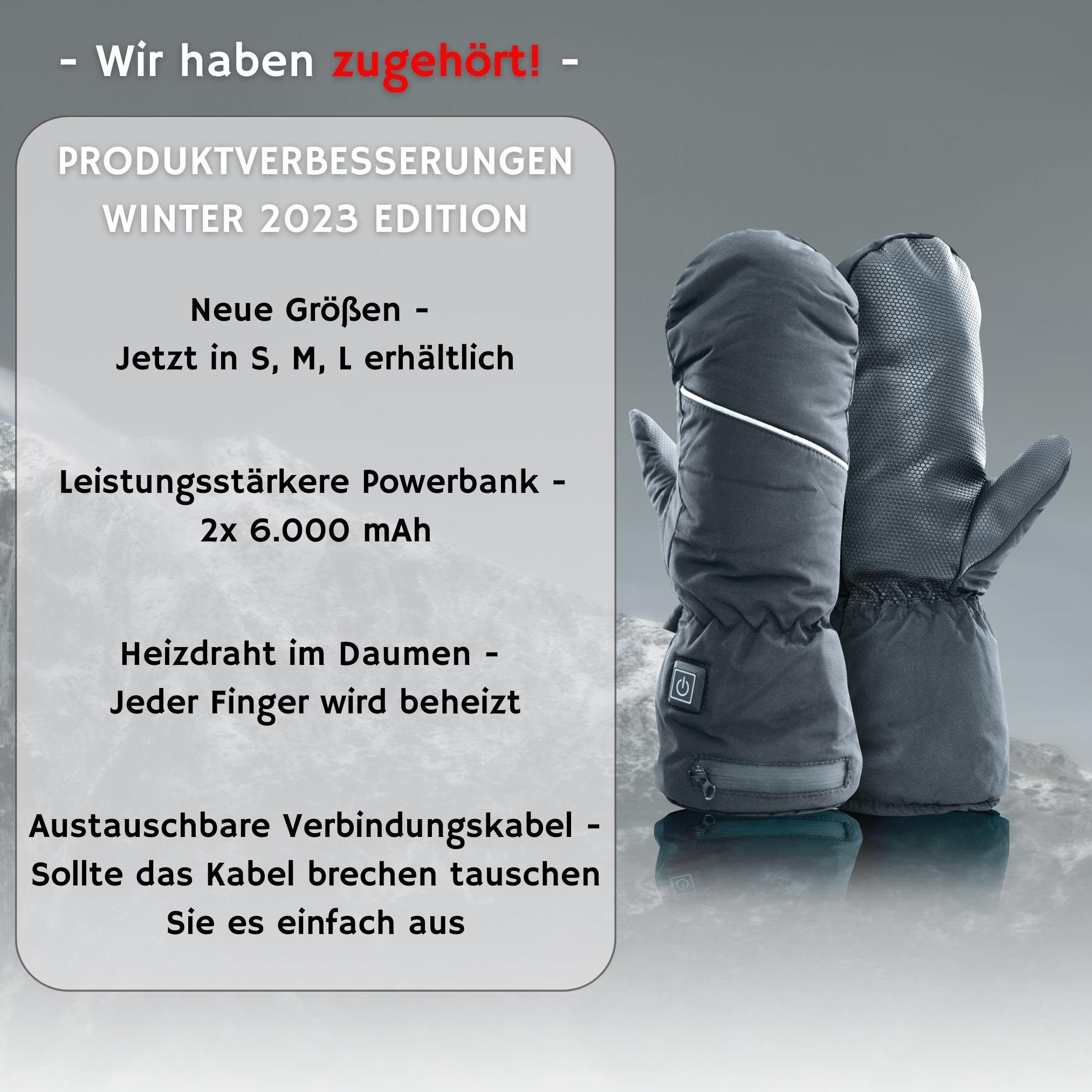NorthHeat Fäustlinge optimierte premium beheizte Handschuhe (ansprechende Kartonverpackung, inkl 2 Powerbanks, 2 Verbindungskabel, 2 Ersatzkabel, 1 Ladekabel) beheizbar, wasserdicht und extra Grip