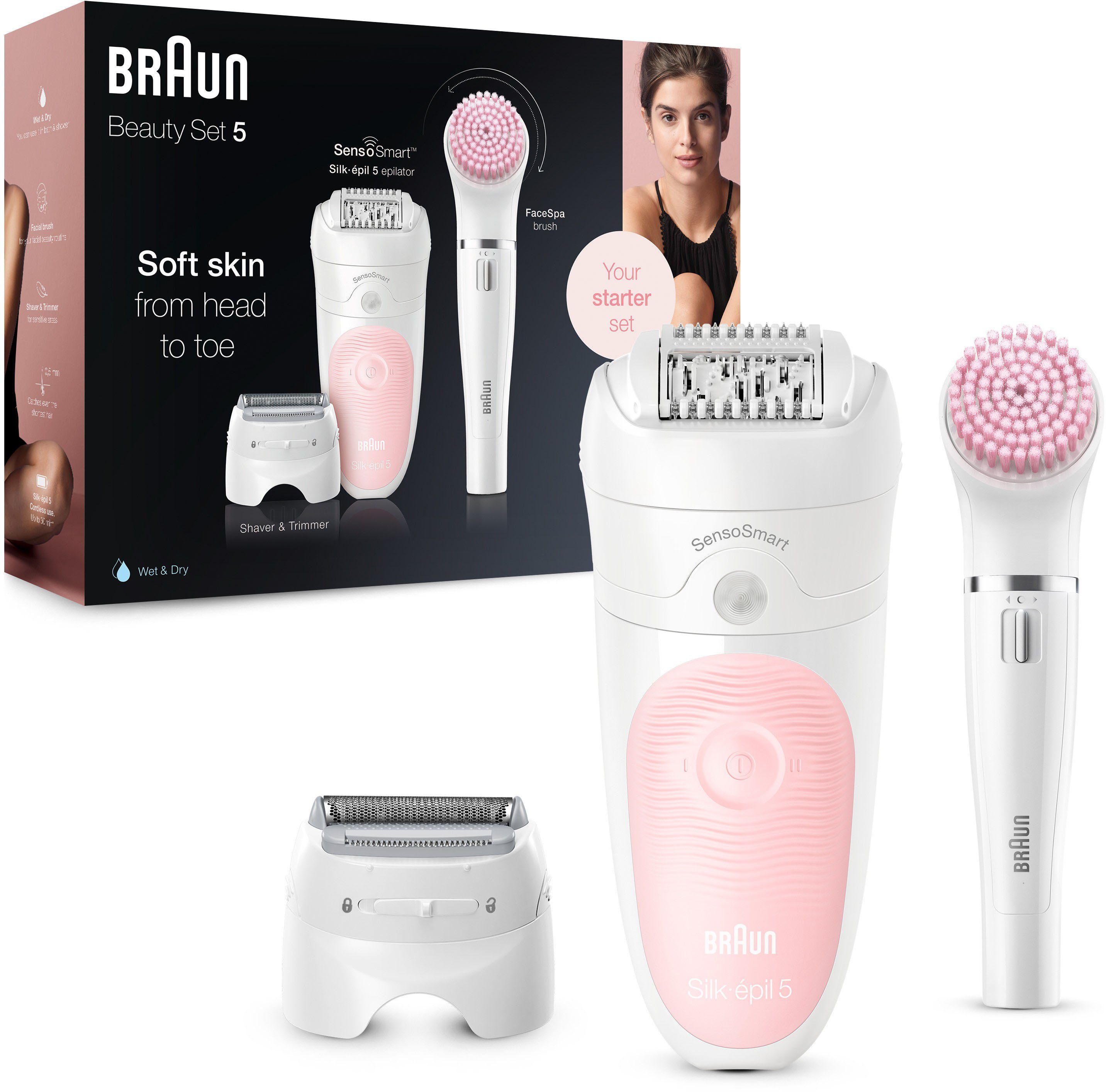 Braun Epilierer Silk-épil Deluxe Beauty-Set 5-895, Aufsätze: 4 St., Kabellose Wet&Dry Haarentfernung 6-in-1 Epilierer für Gesicht & Körper