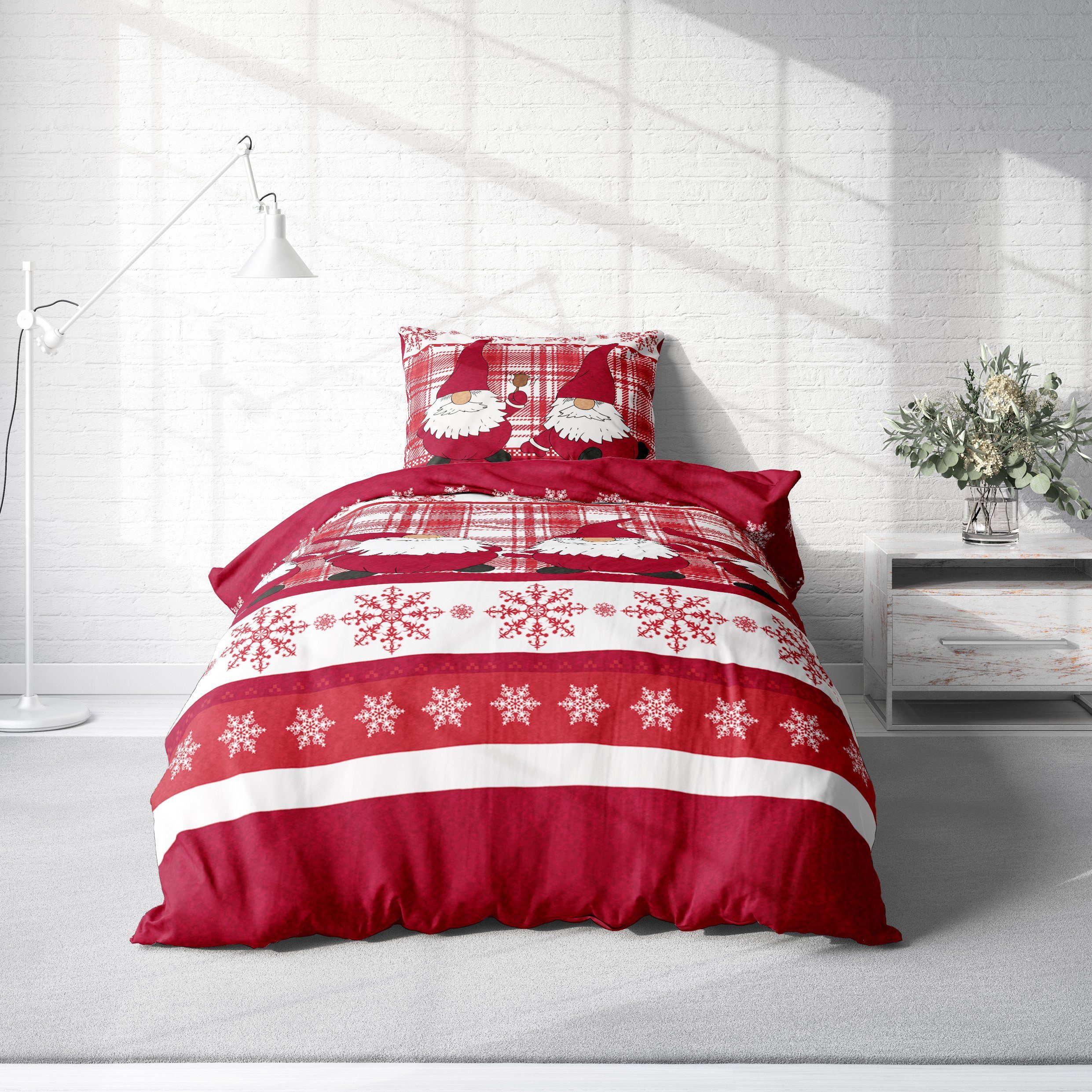 Bettwäsche Wichtel Weihnachten, One Home, Fleece, 2 teilig, Christmas kariert, kuschelig flauschig warm weich Winter Übergröße
