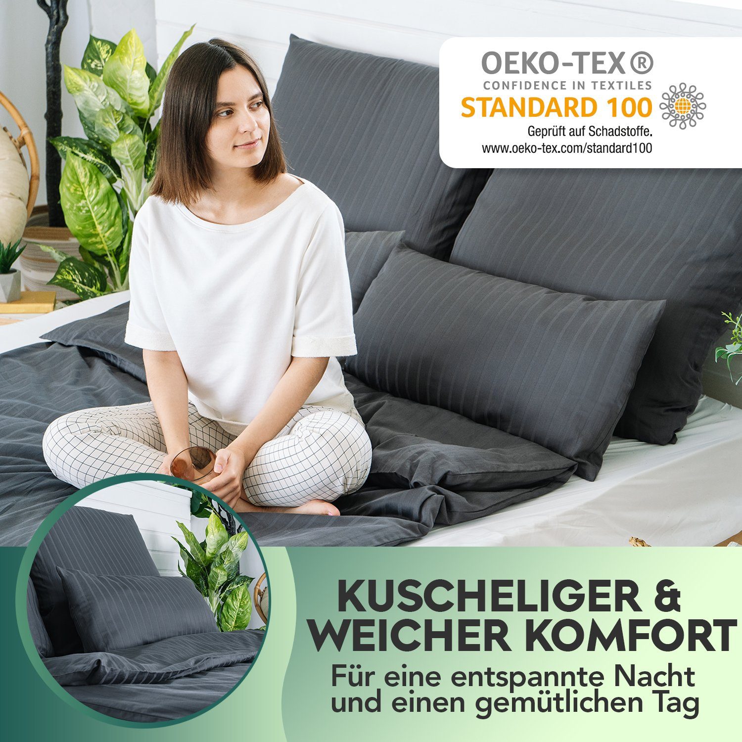 Bettwäsche Damast in Gr. 135x200 cm, 155x220cm, 200x200cm anthrazit, Slummer, Damast, 2 teilig, 100% Baumwolle, Kissenbezug 80x80cm, YKK- Reißverschluss