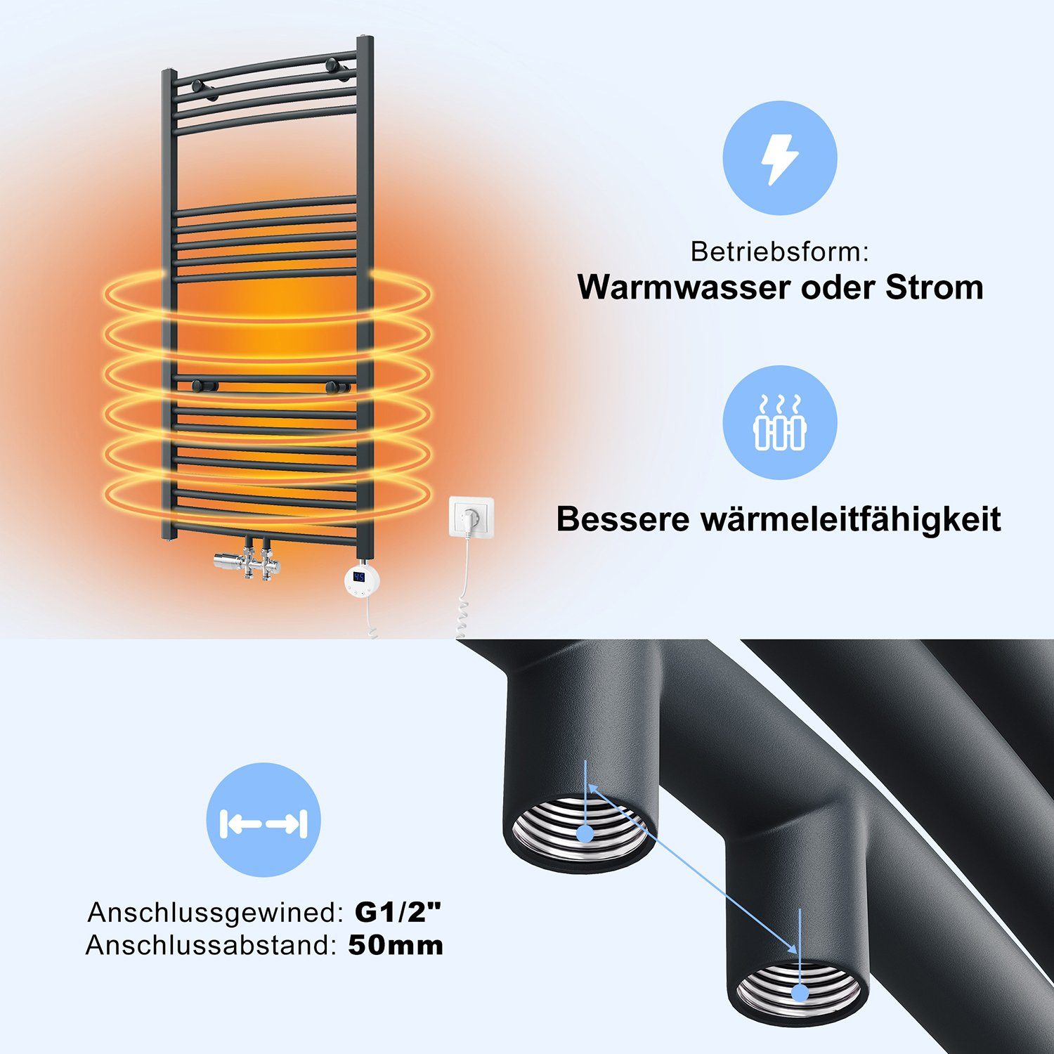 ELEGANT Elektrischer Badheizkörper Elektrischer Badheizkörper Heizkörper elektrisch Gebogen bad, Elektrischer Handtuchhalter mit Intelligentes Heizstab,Weiß/Sandgrau