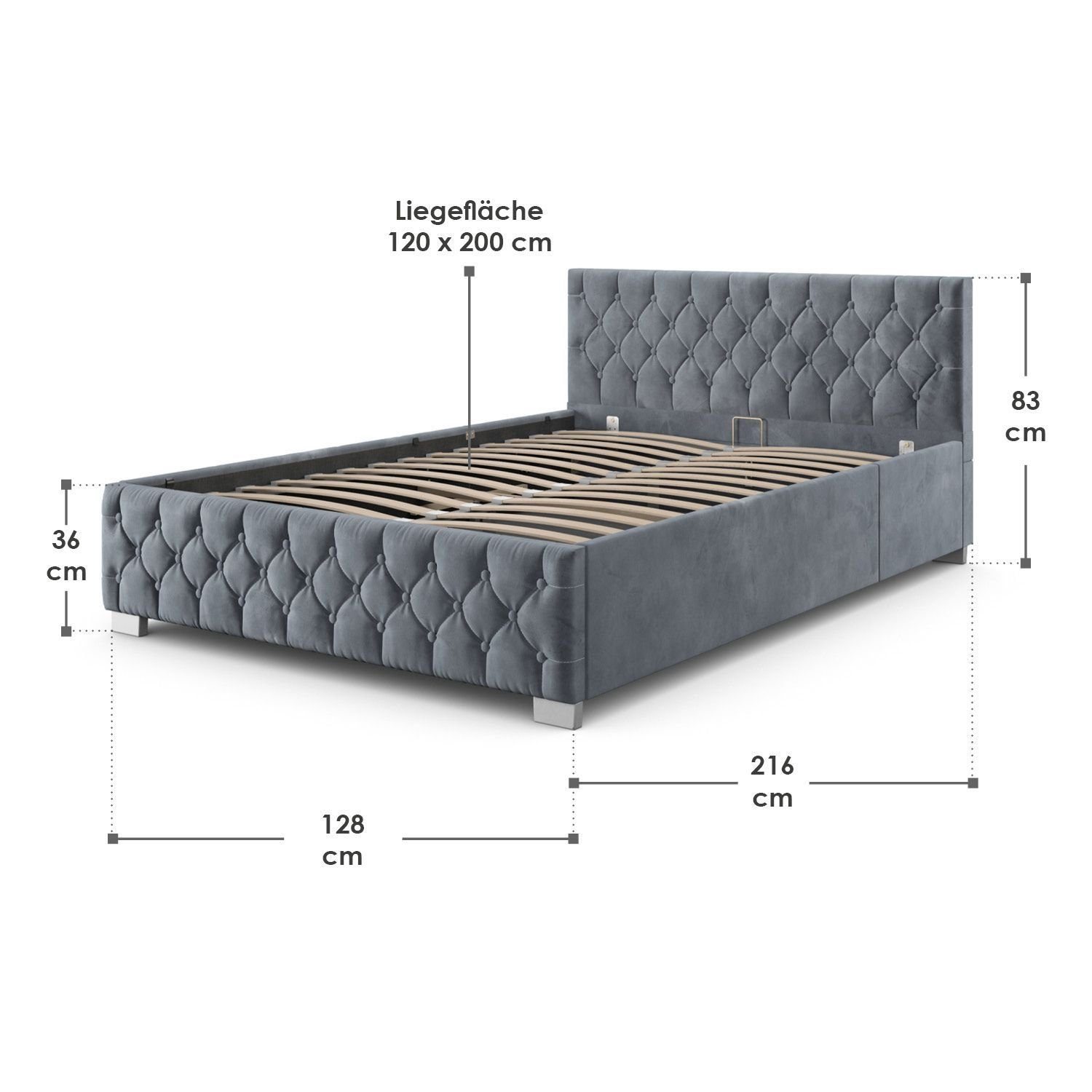 Juskys Polsterbett Nizza, Bettkasten, LED Licht, Chesterfield Steppung, Samtbezug