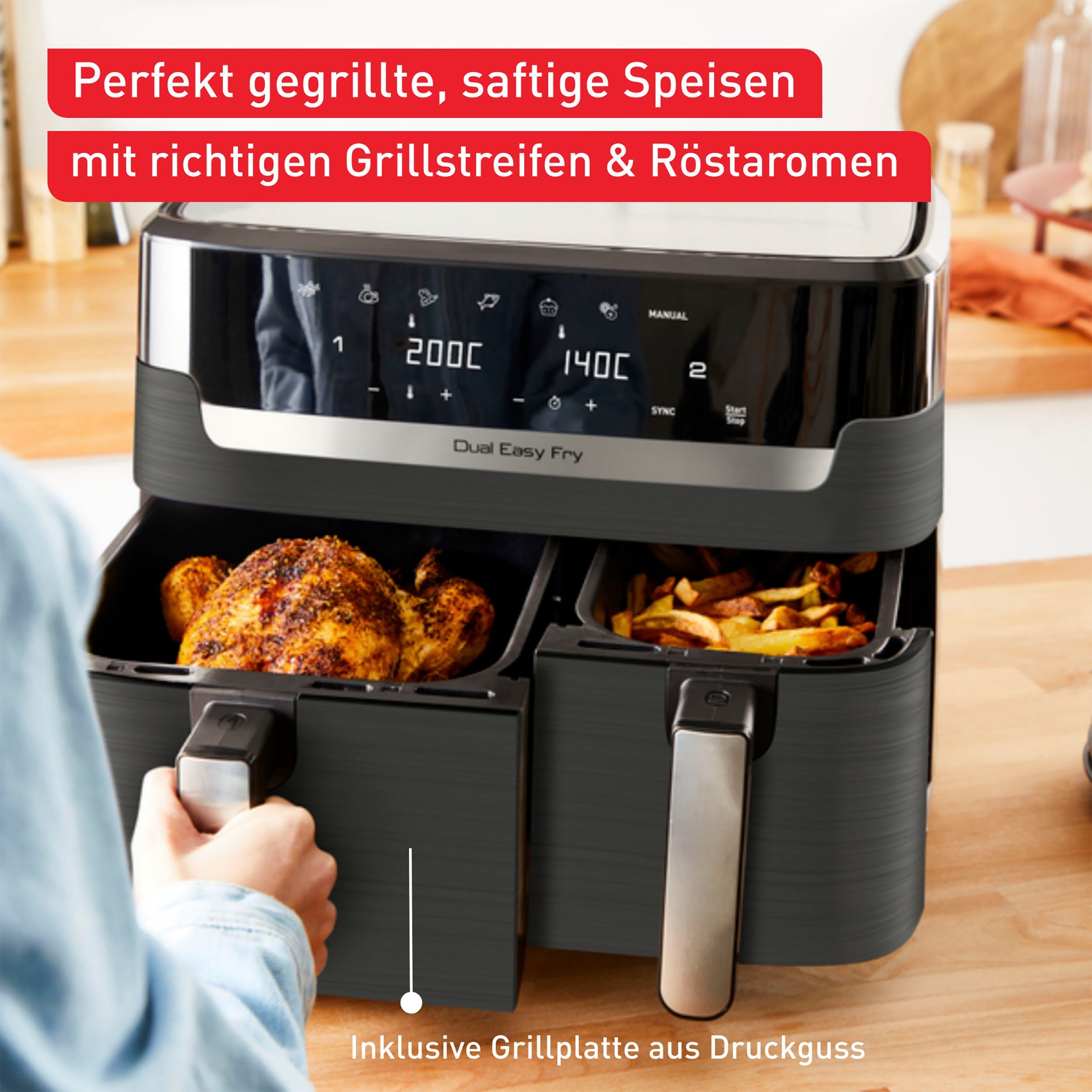 Tefal Heißluftfritteuse EY905B Dual Easy Fry & Grill Doppelkammer, 8,3 L Kapazität, 2 Laden, 2700 W, mit Hamburger Presse