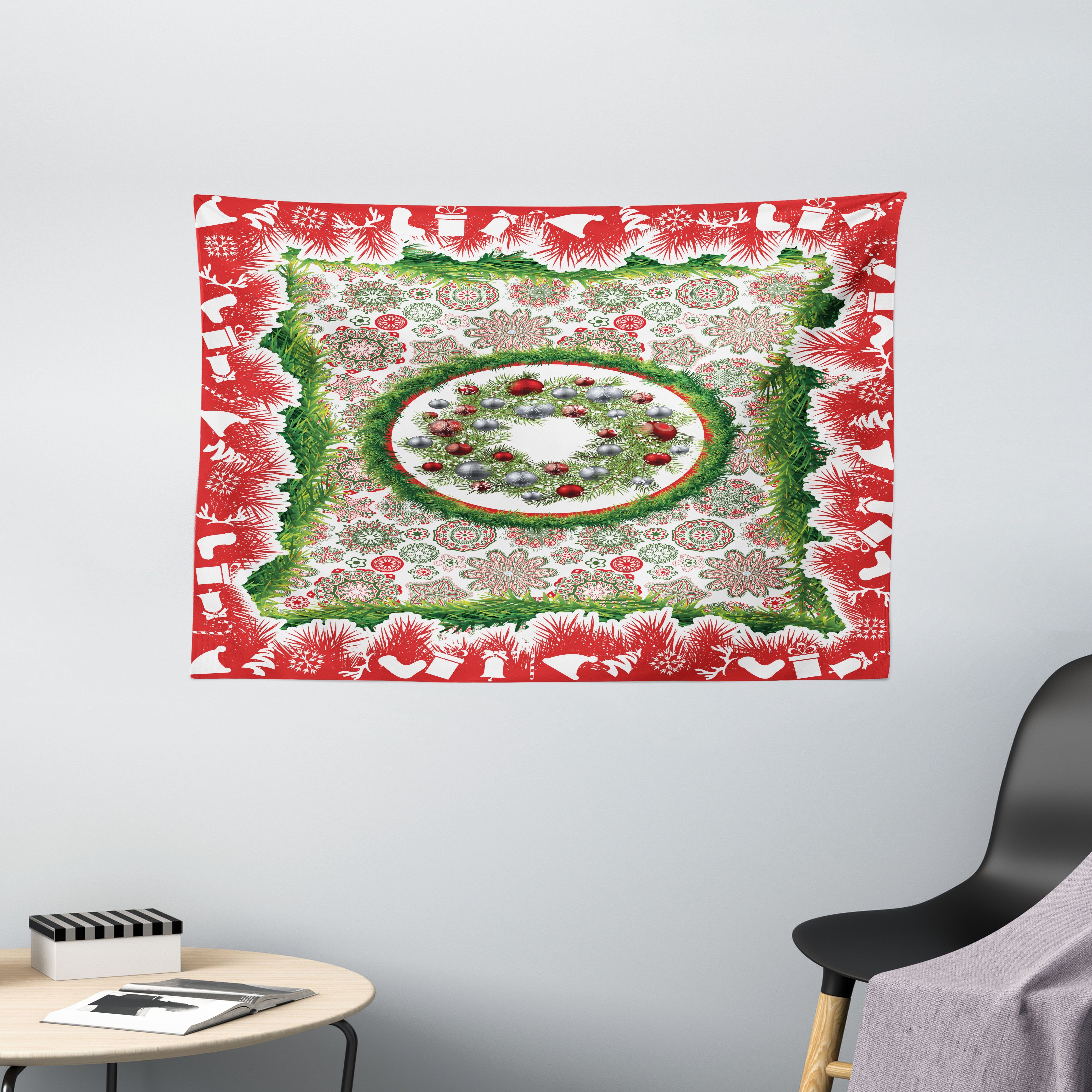 Wandteppich Wohnzimmer Schlafzimmer Wandtuch Seidiges Satin Wandteppich, Abakuhaus, rechteckig, Weihnachten Fir-Kranz Ornamente