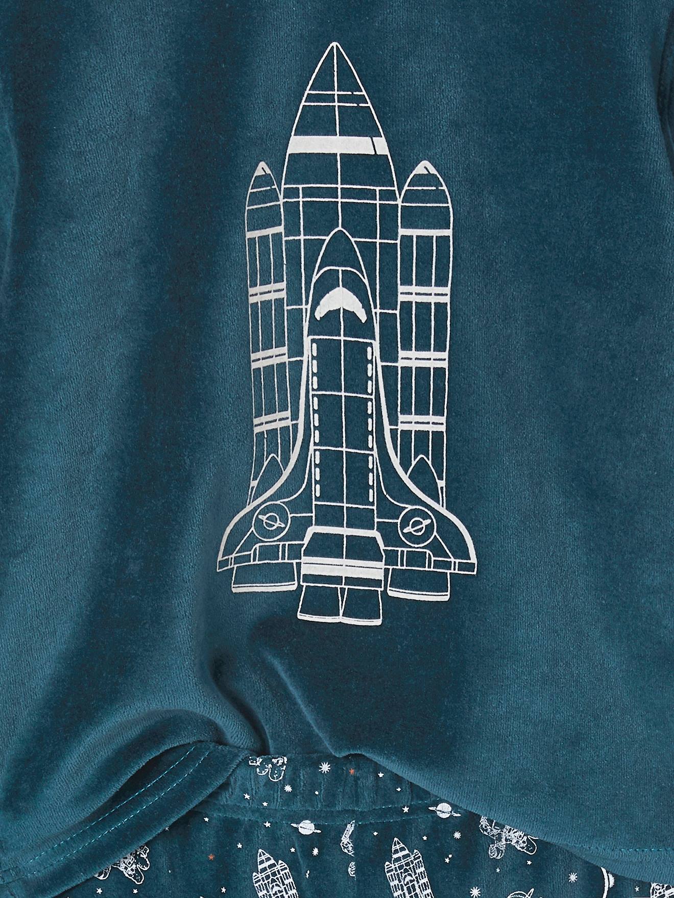 Pyjama velours avec fusée phosphorescente garçon bleu canard