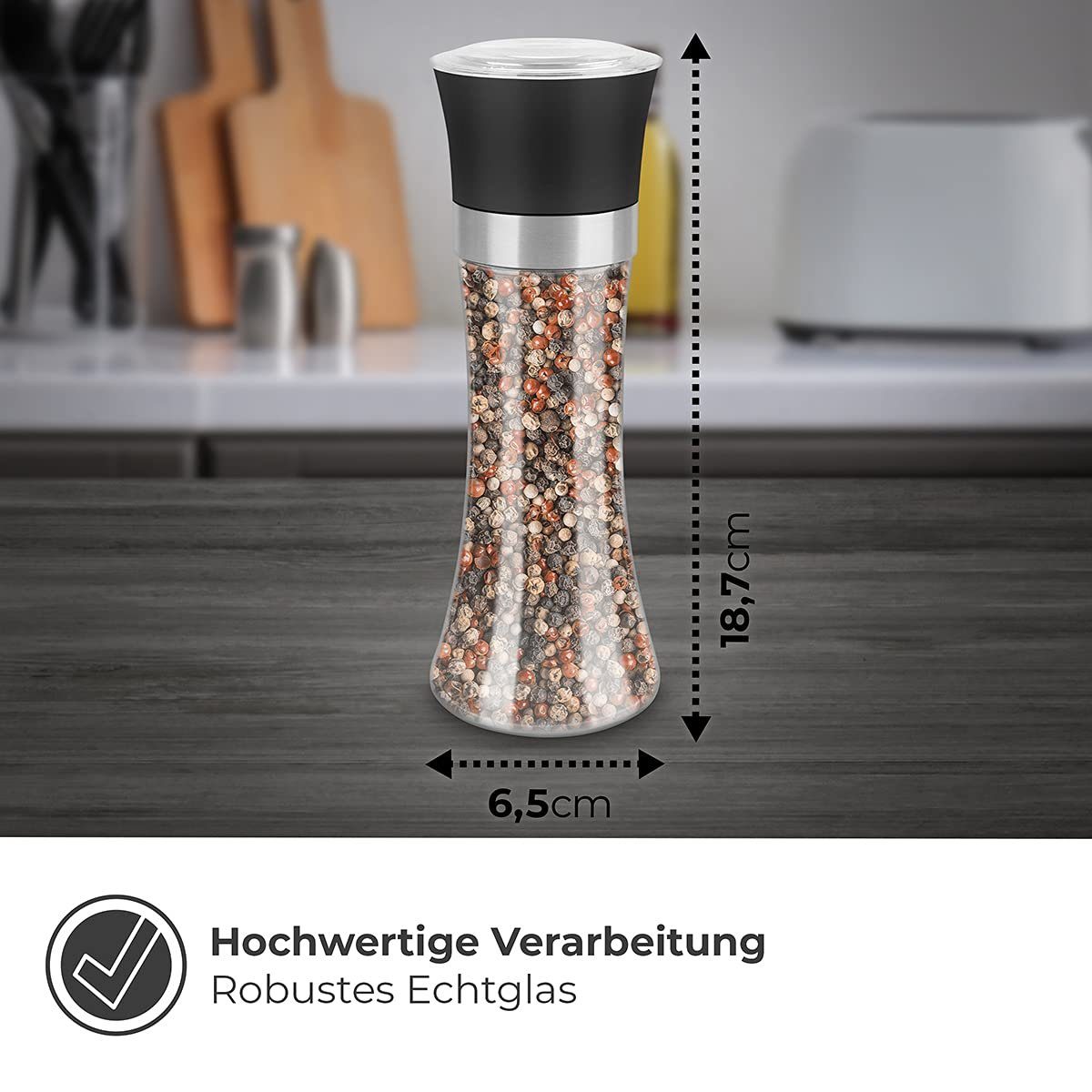 Thingles Gewürzmühle 2er Set Gewürzmühlen Keramikmahlwerk 19cm Schwarz, Schwarz 19 Cm