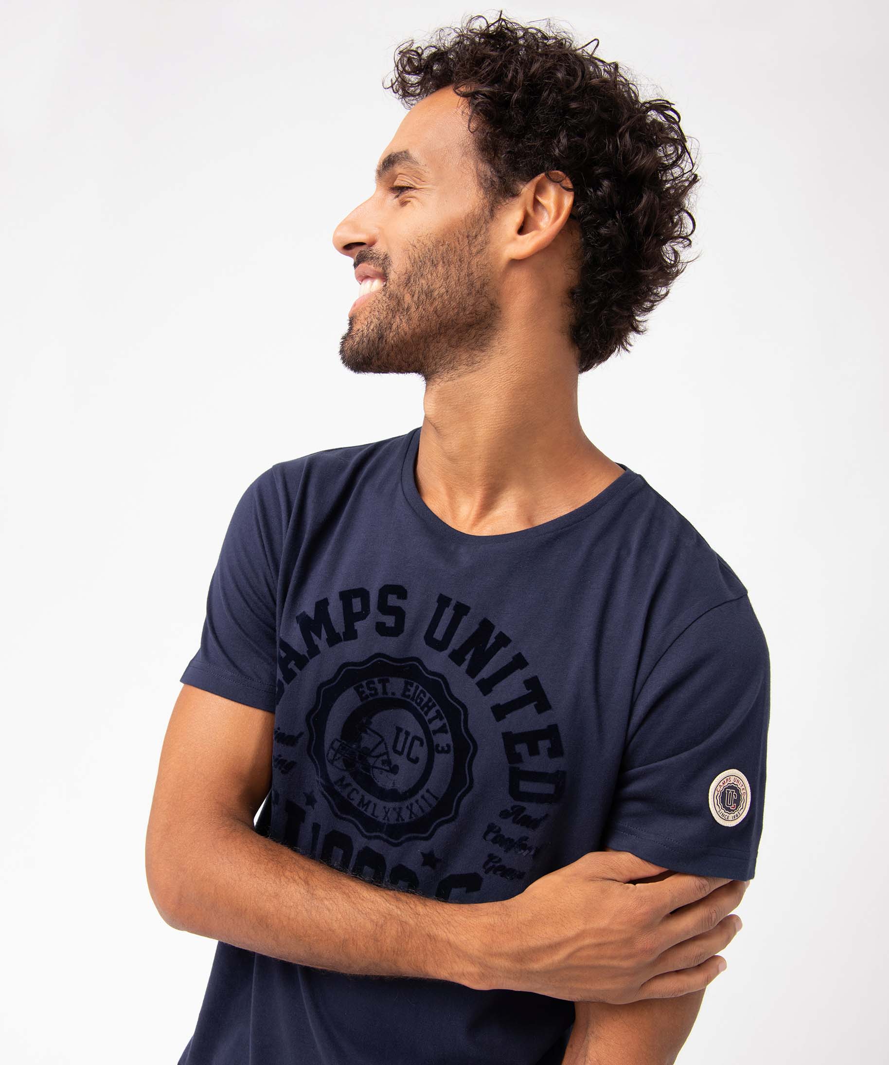 Tee-shirt homme avec inscription velours – Camps United bleu fonce | GEMO