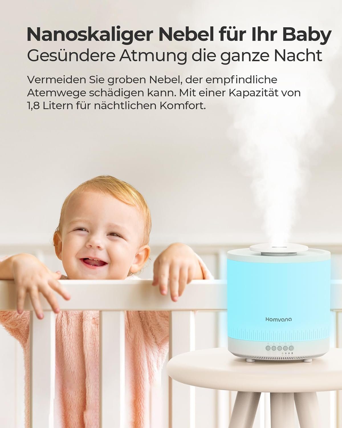 Homvana Luftreiniger, Schlafzimmer,1,8L Top-Fill, Cool Mist 30H Dauerhaft, Kinderzimmer Baby