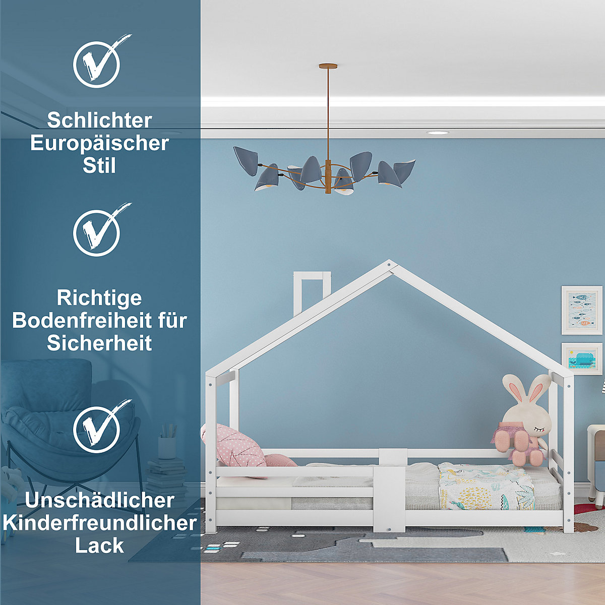 Hausbett 90x200 cm mit Rausfallschutz und Schornstein