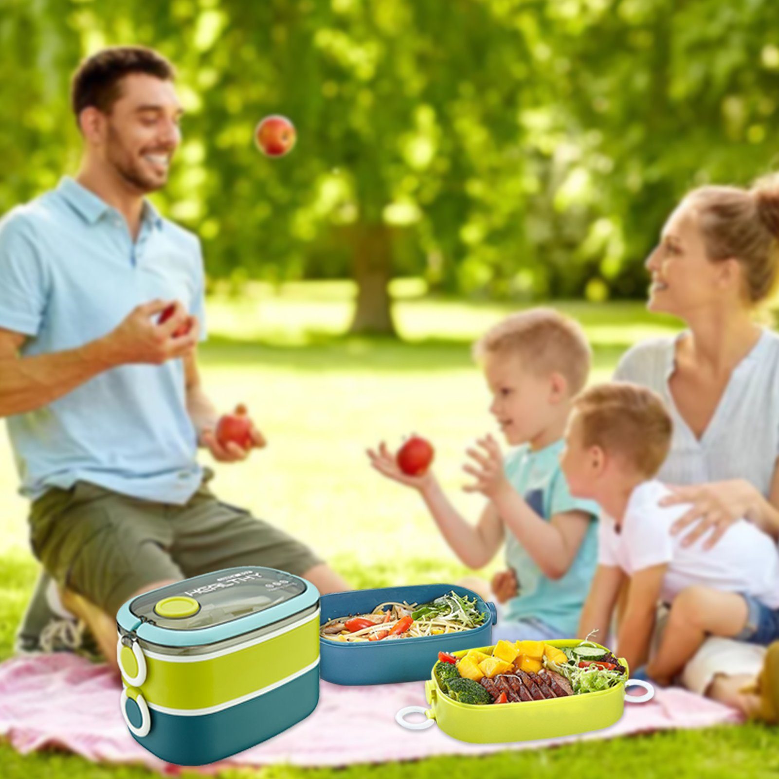MDHAND Lunchbox 1600ML Lunchbox mit Löffel und Gabel für Kinder/Erwachsene, (1-tlg), Blau Grün