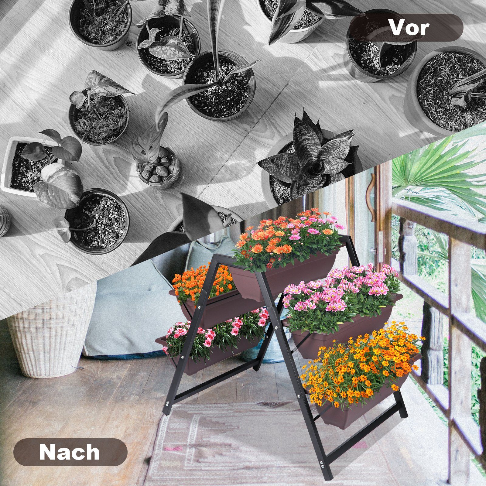 KAHOO Pflanzentreppe 3-stufiger Blumenständer, 65x90x79cm, 5 Kästen + Ausguss