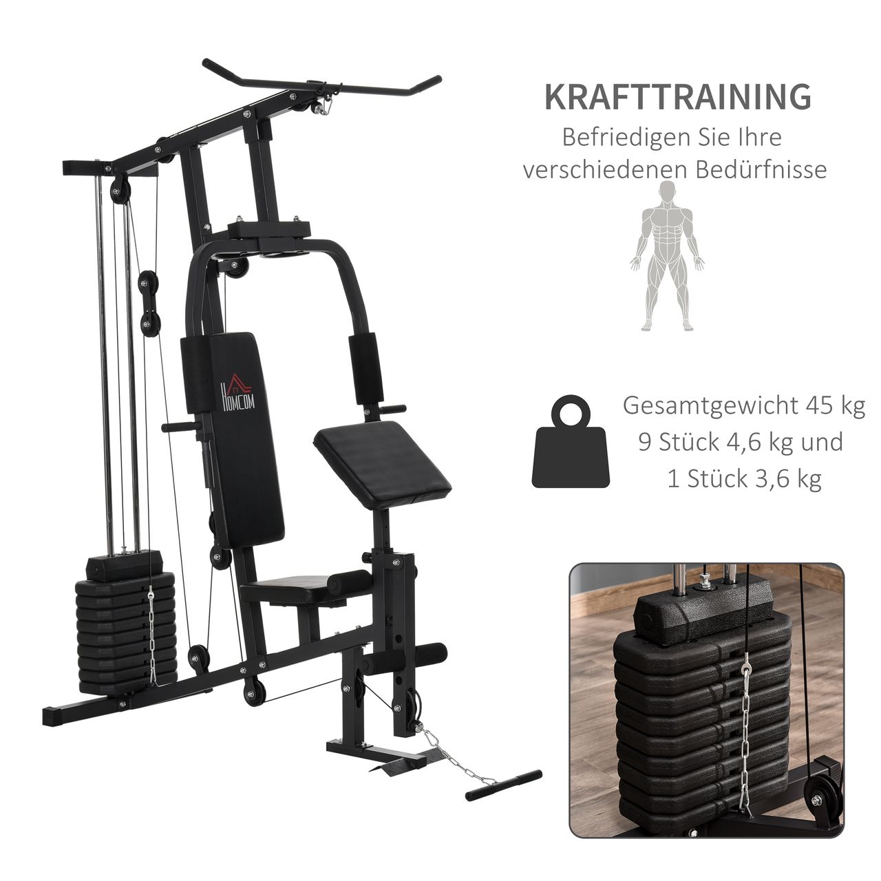HOMCOM Gym Kraftstation Fitnessstation Multigym inkl. Gewichten Metall Schwarz