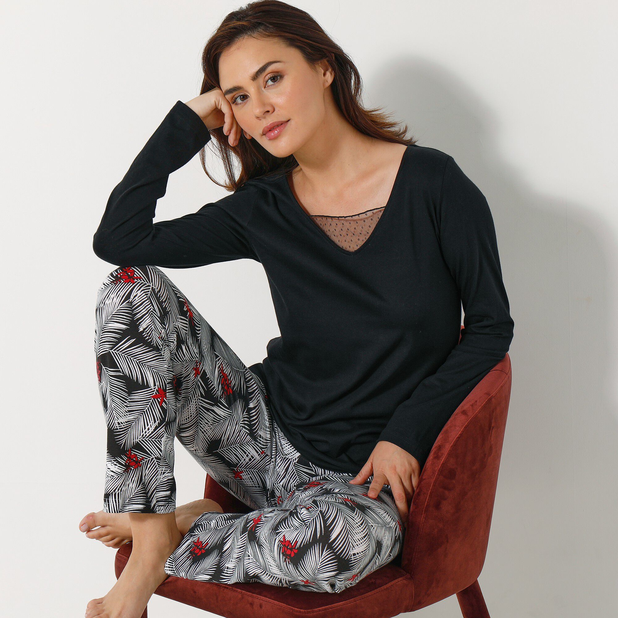 Pyjama pantalon empiècement plumetis