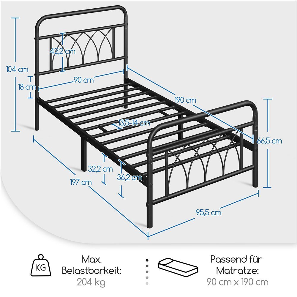 Yaheetech Metallbett, Bettrahmen Vintage mit Lattenrost, Einzelbett/ Doppelbett