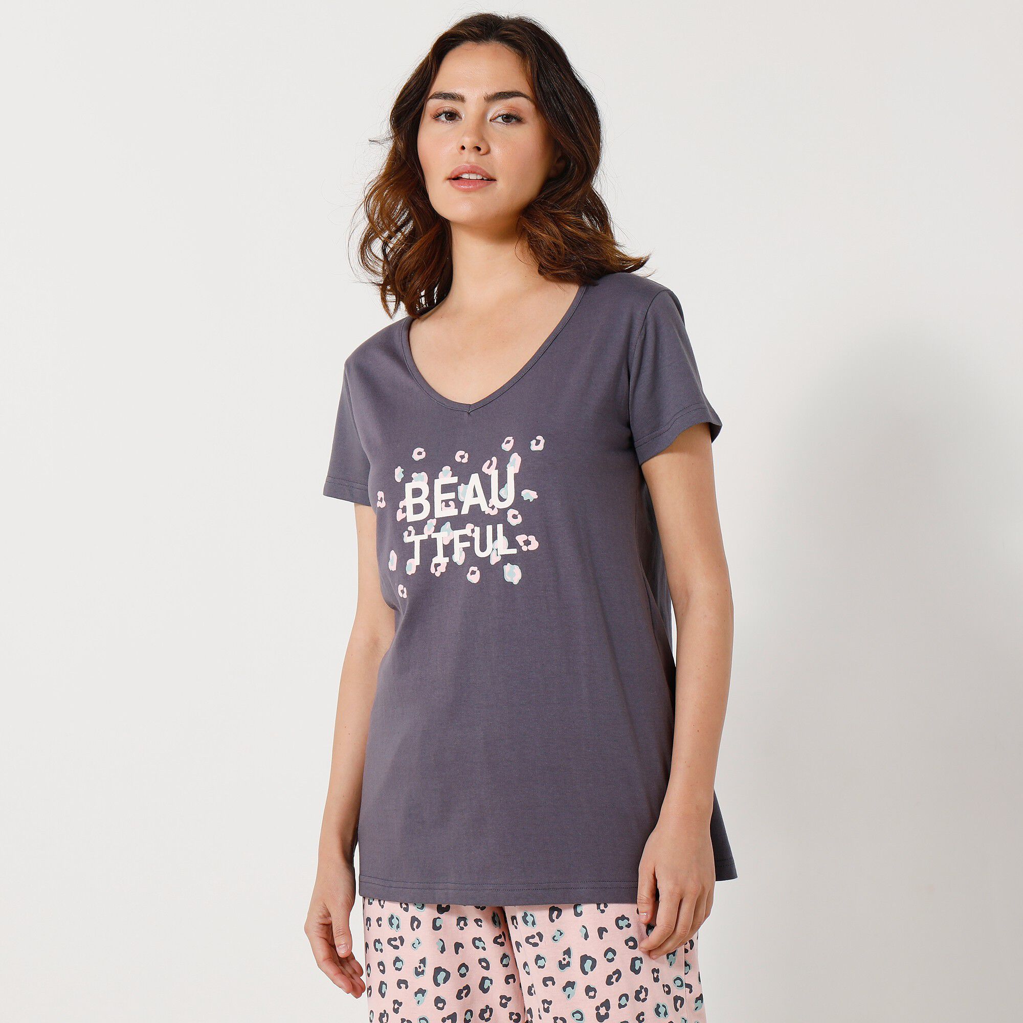 Tee-shirt manches courtes coton uni imprimé placé 